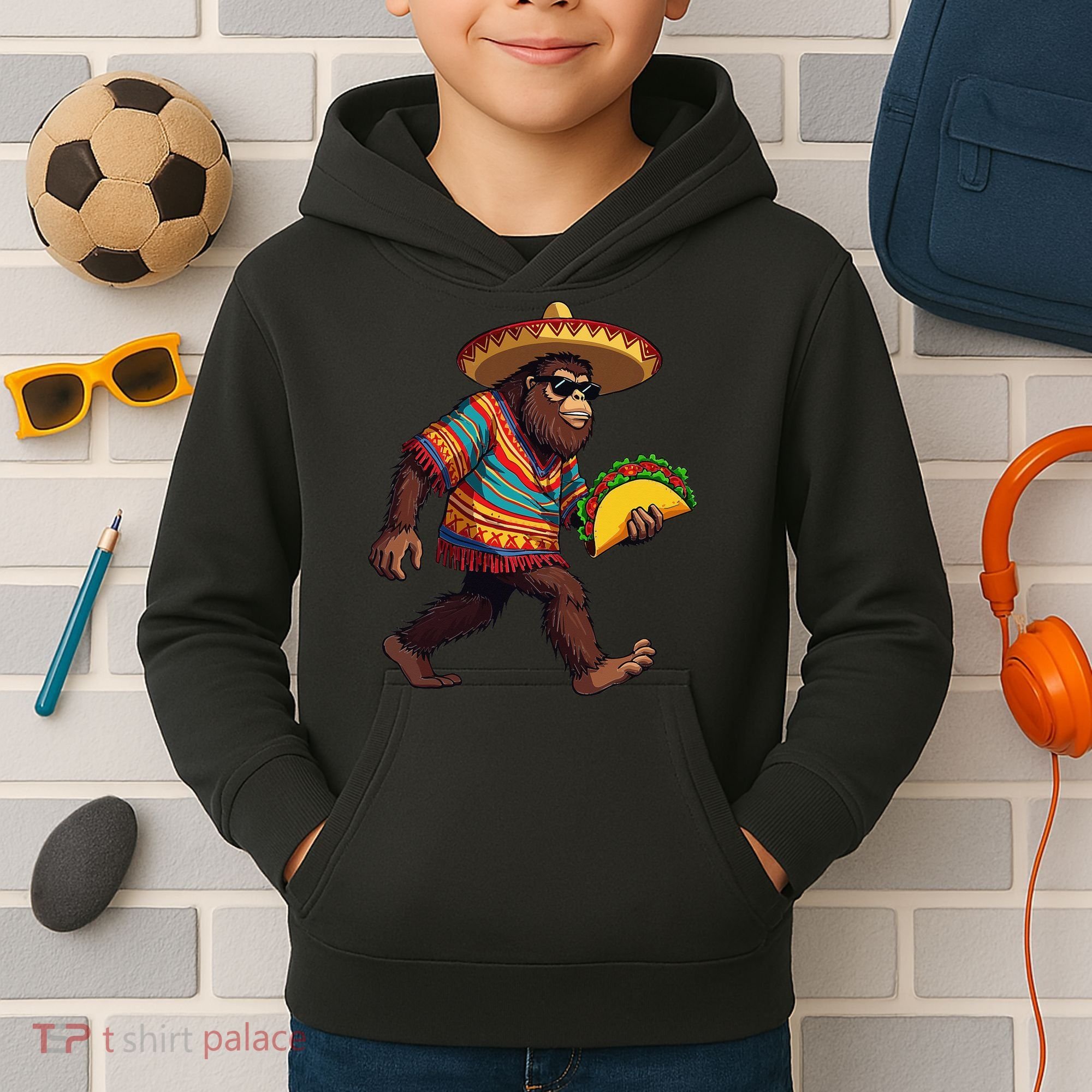 Bigfoot Carrying Taco Funny Cinco De Mayo Sasquatch Kids Hoodie