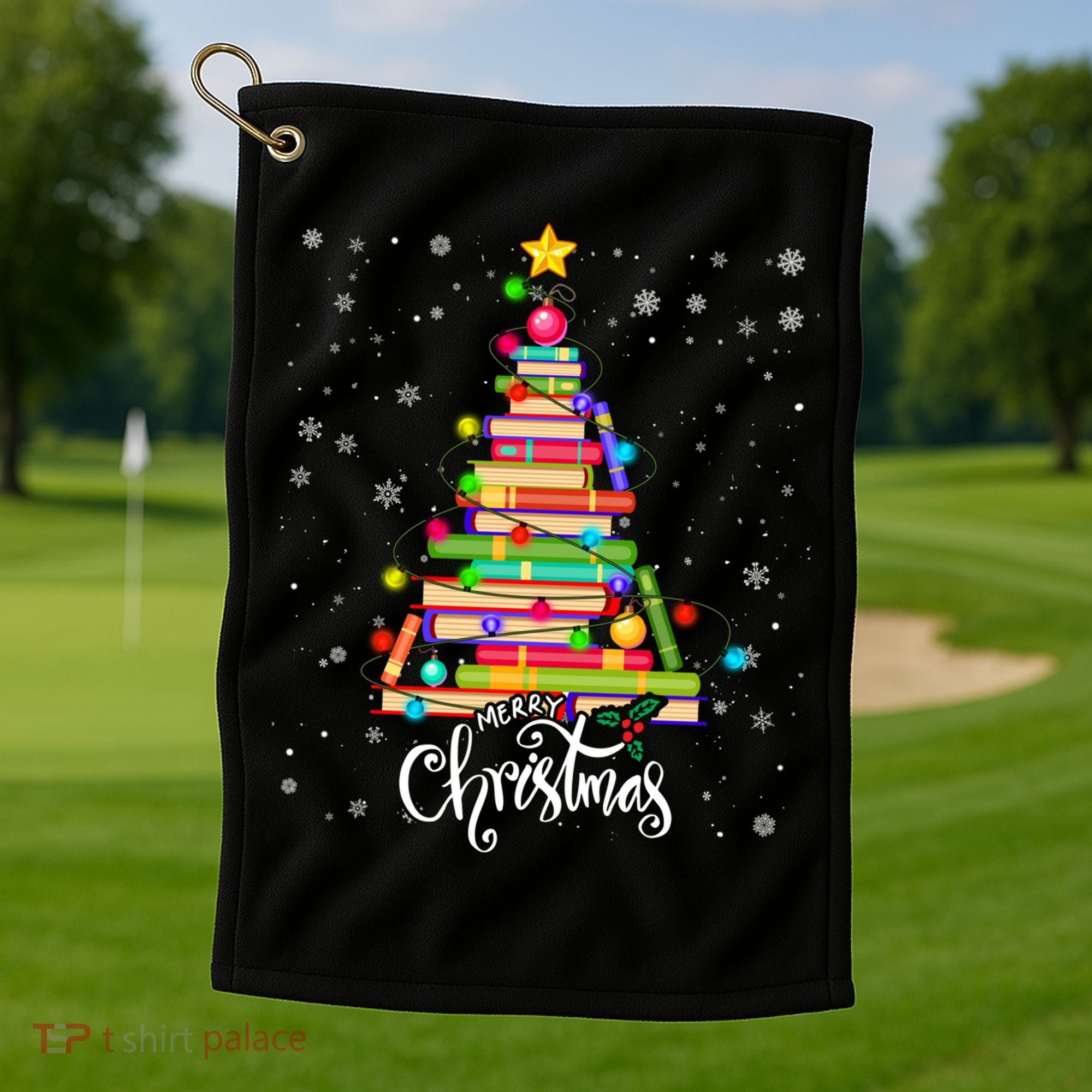 Books Christmas Tree Funny Love Reading Book Lover Librarian Cool Gift Golf Towel