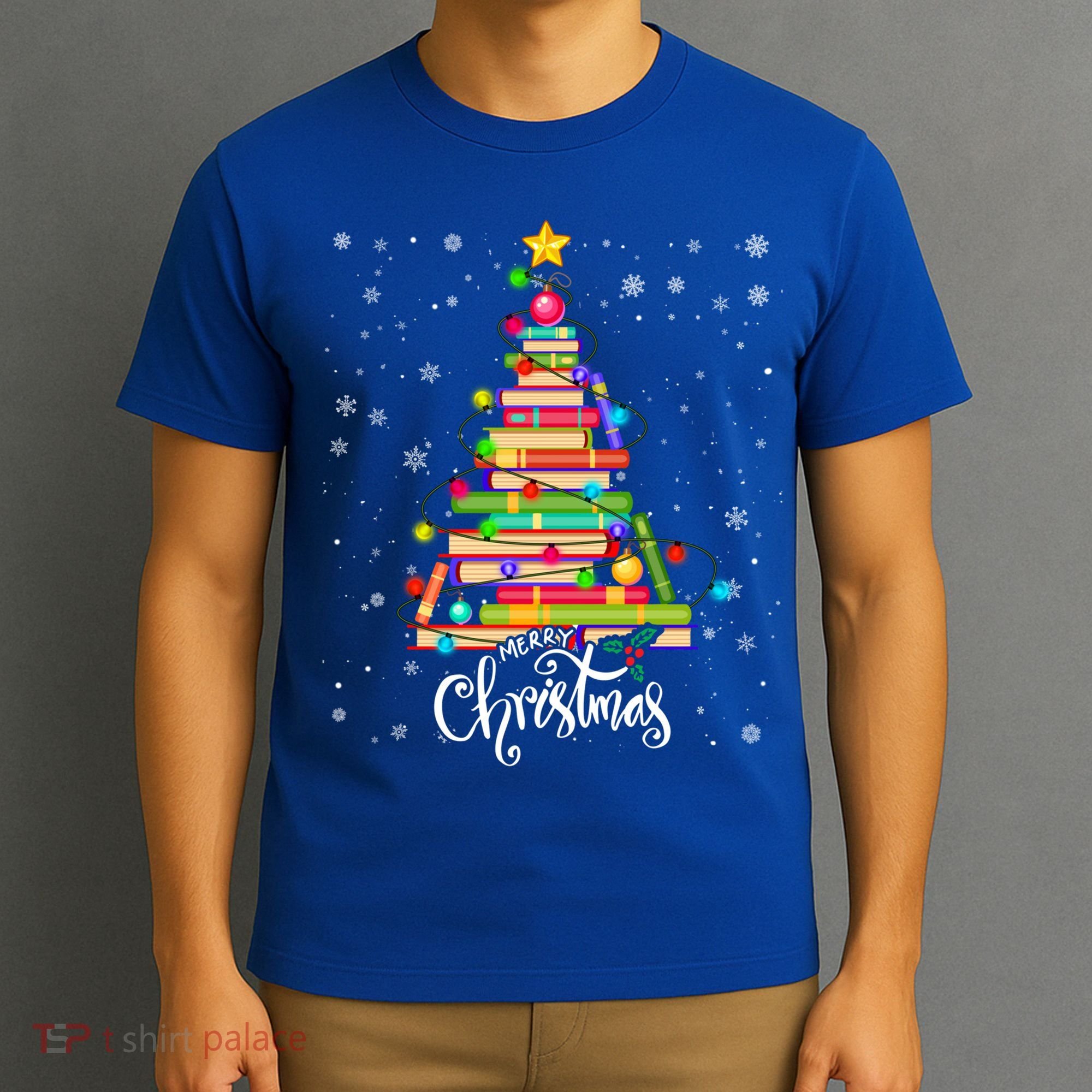 Books Christmas Tree Funny Love Reading Book Lover Librarian Cool Gift T-Shirt