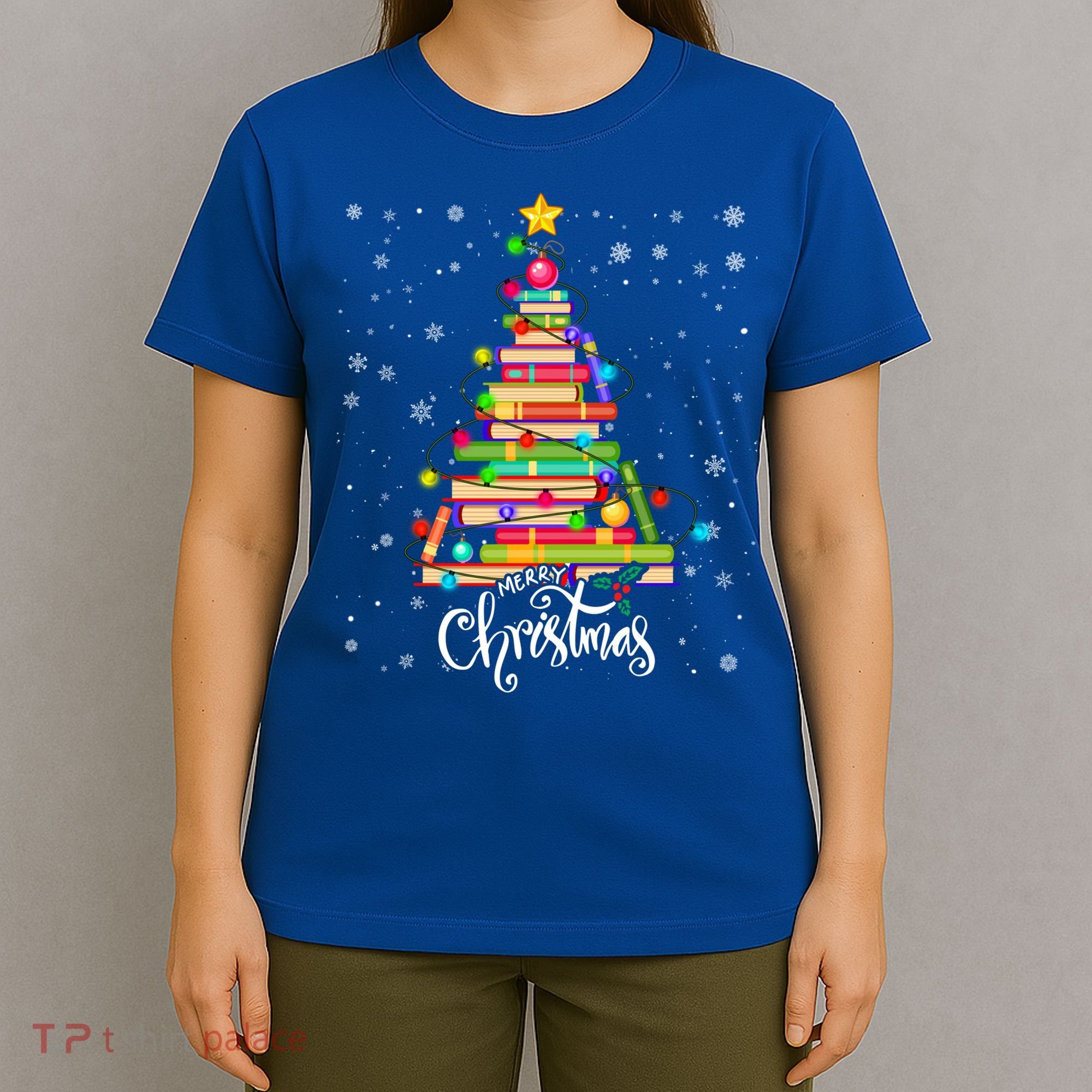 Books Christmas Tree Funny Love Reading Book Lover Librarian Cool Gift T-Shirt