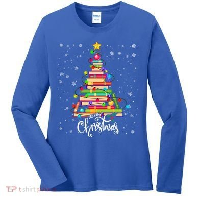Books Christmas Tree Funny Love Reading Book Lover Librarian Cool Gift Women's Long Sleeve Shirt