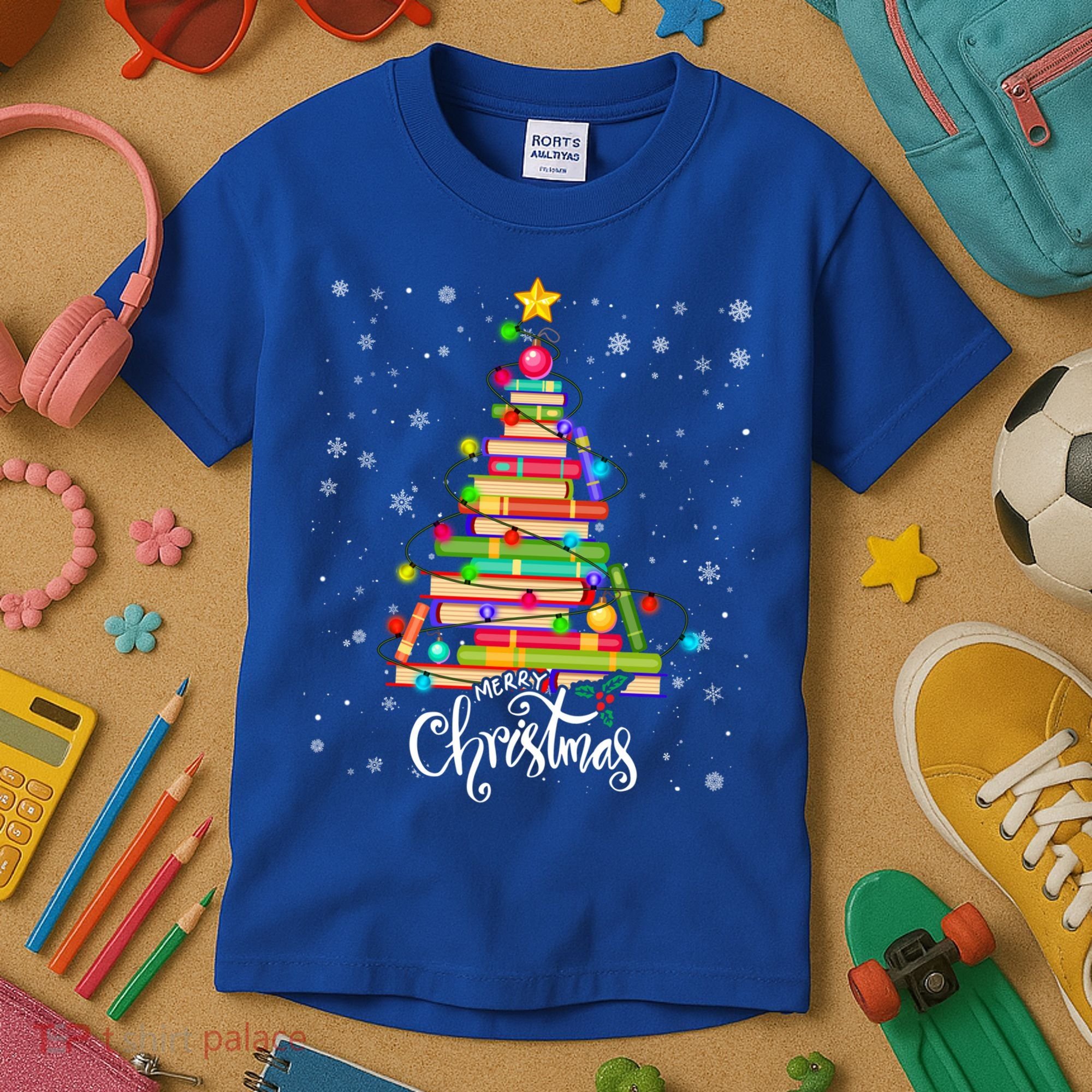 Books Christmas Tree Funny Love Reading Book Lover Librarian Cool Gift Kids T-Shirt