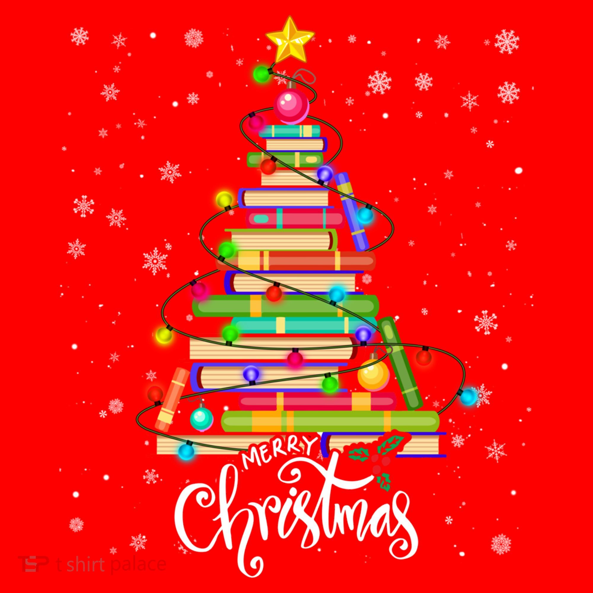 Books Christmas Tree Funny Love Reading Book Lover Librarian Cool Gift Santa Hat