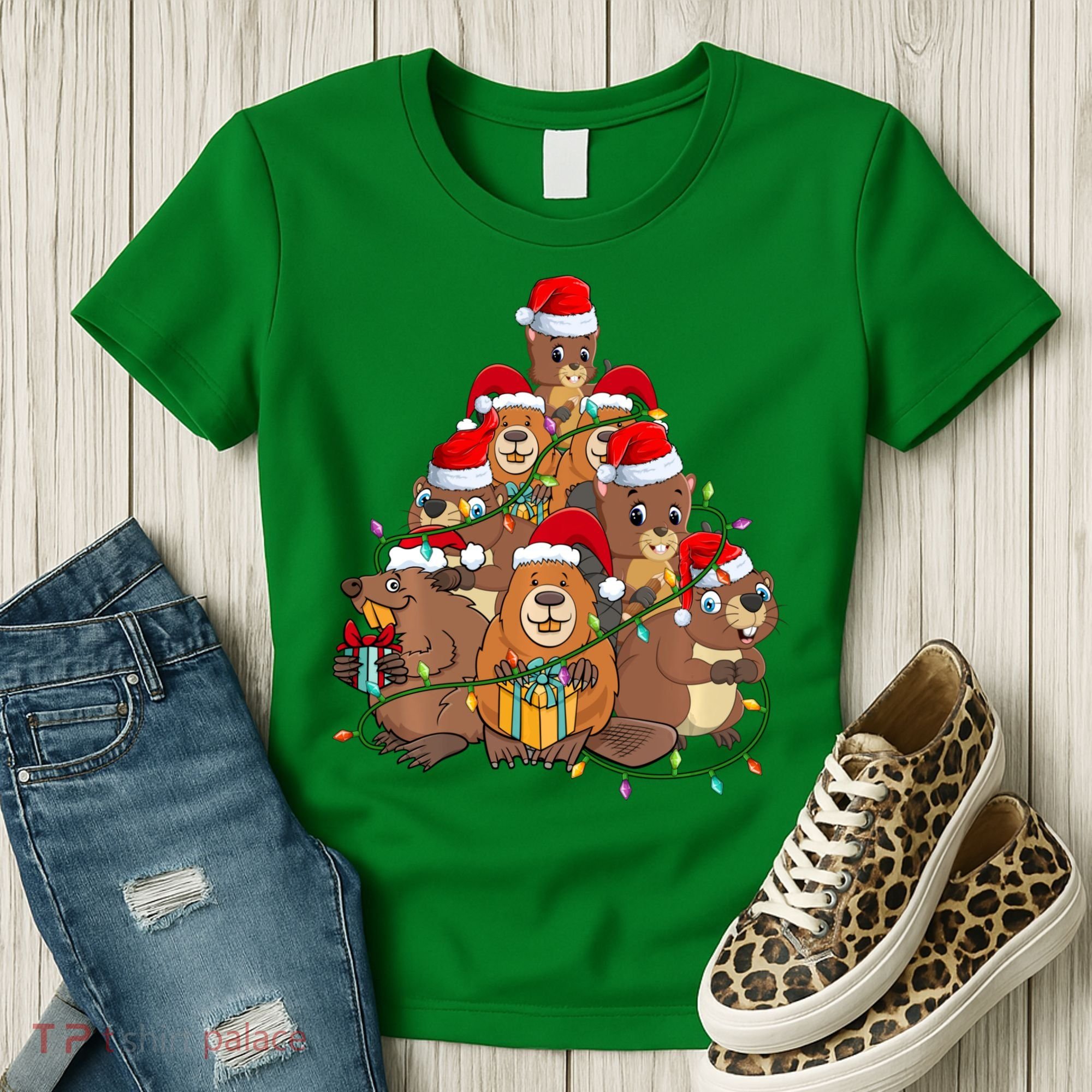Beavers Christmas Tree Lights Xmas Pajamas For Family Women's T-Shirt