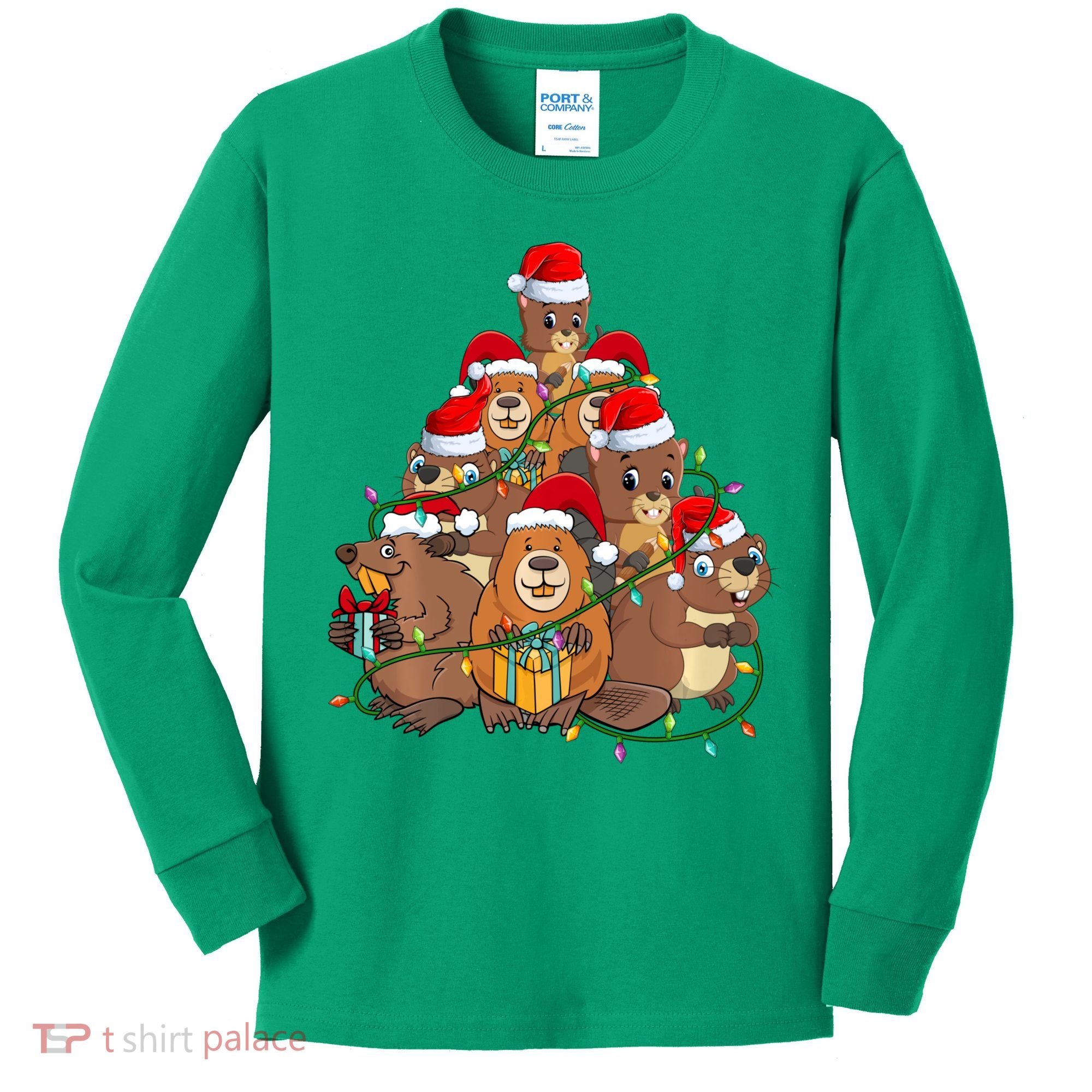 Beavers Christmas Tree Lights Xmas Pajamas For Family Kids Long Sleeve Shirt