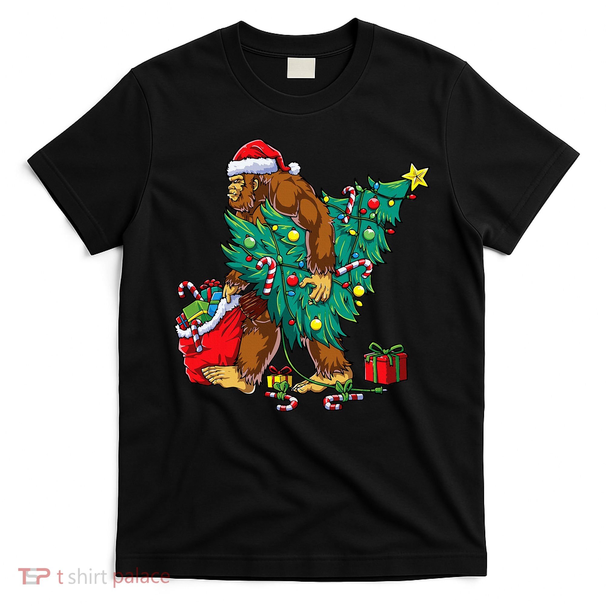 Bigfoot Christmas Tree Lights Xmas T-Shirt