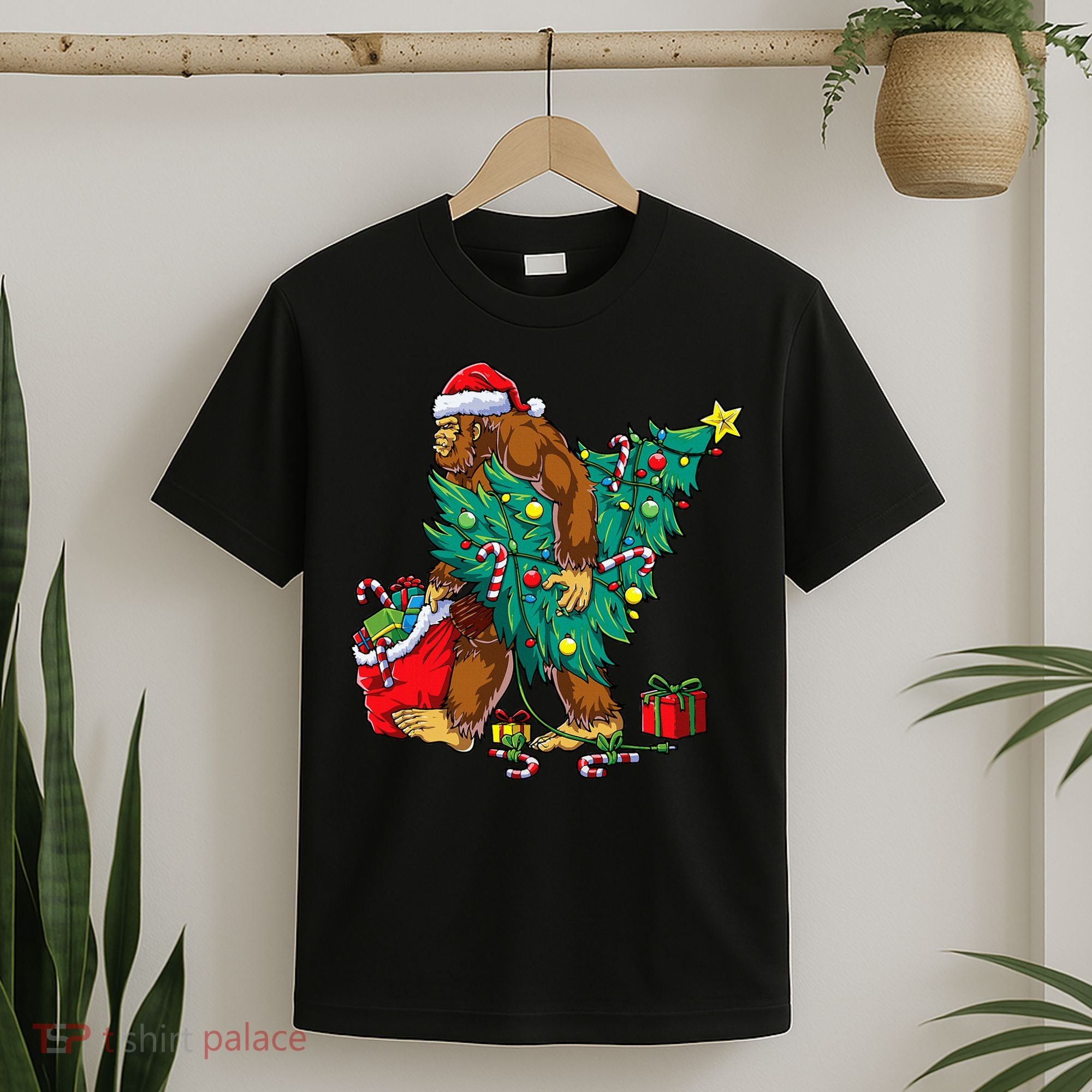 Bigfoot Christmas Tree Lights Xmas T-Shirt