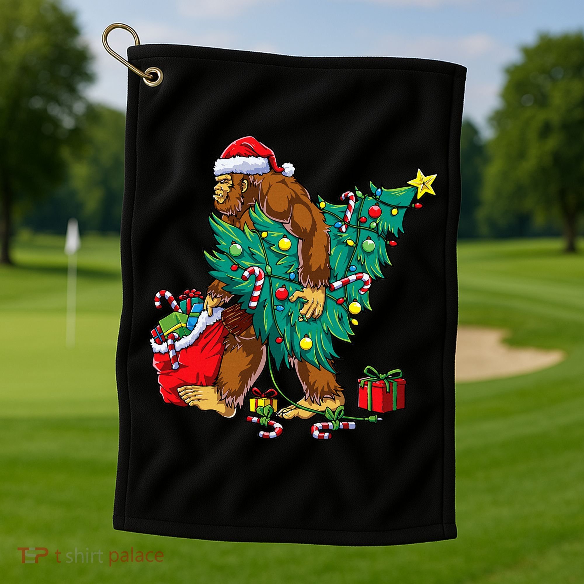 Bigfoot Christmas Tree Lights Xmas Golf Towel