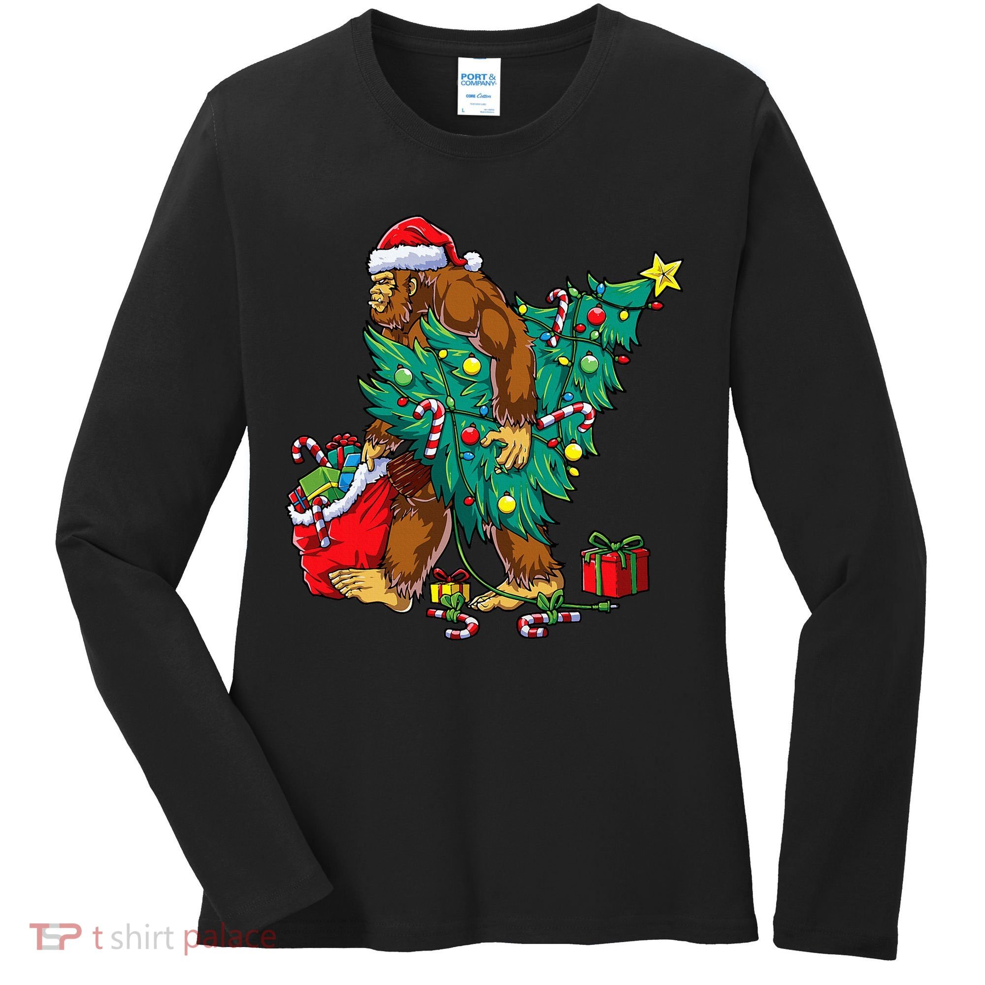 Bigfoot Christmas Tree Lights Xmas Women's Long Sleeve Shirt