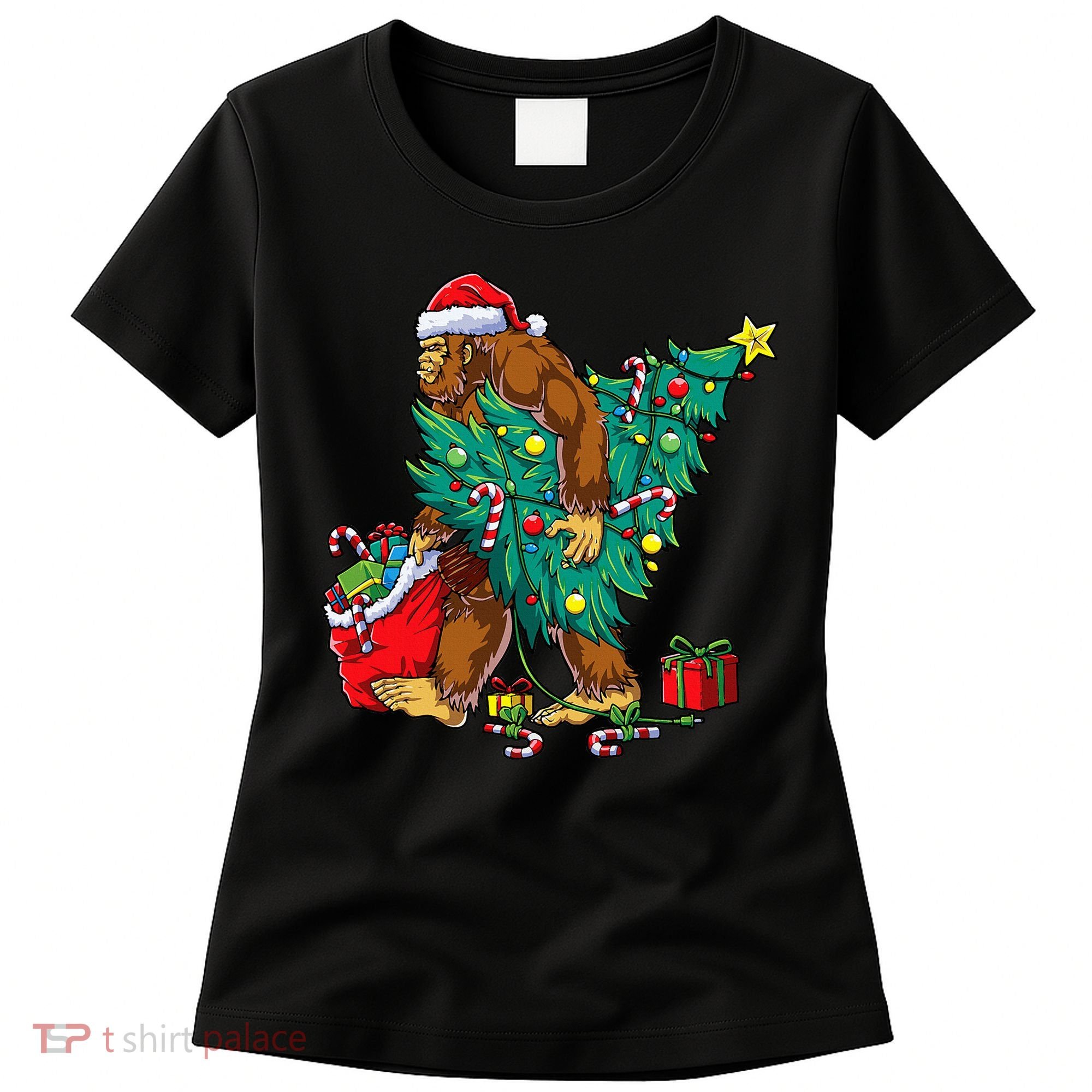 Bigfoot Christmas Tree Lights Xmas Women's T-Shirt