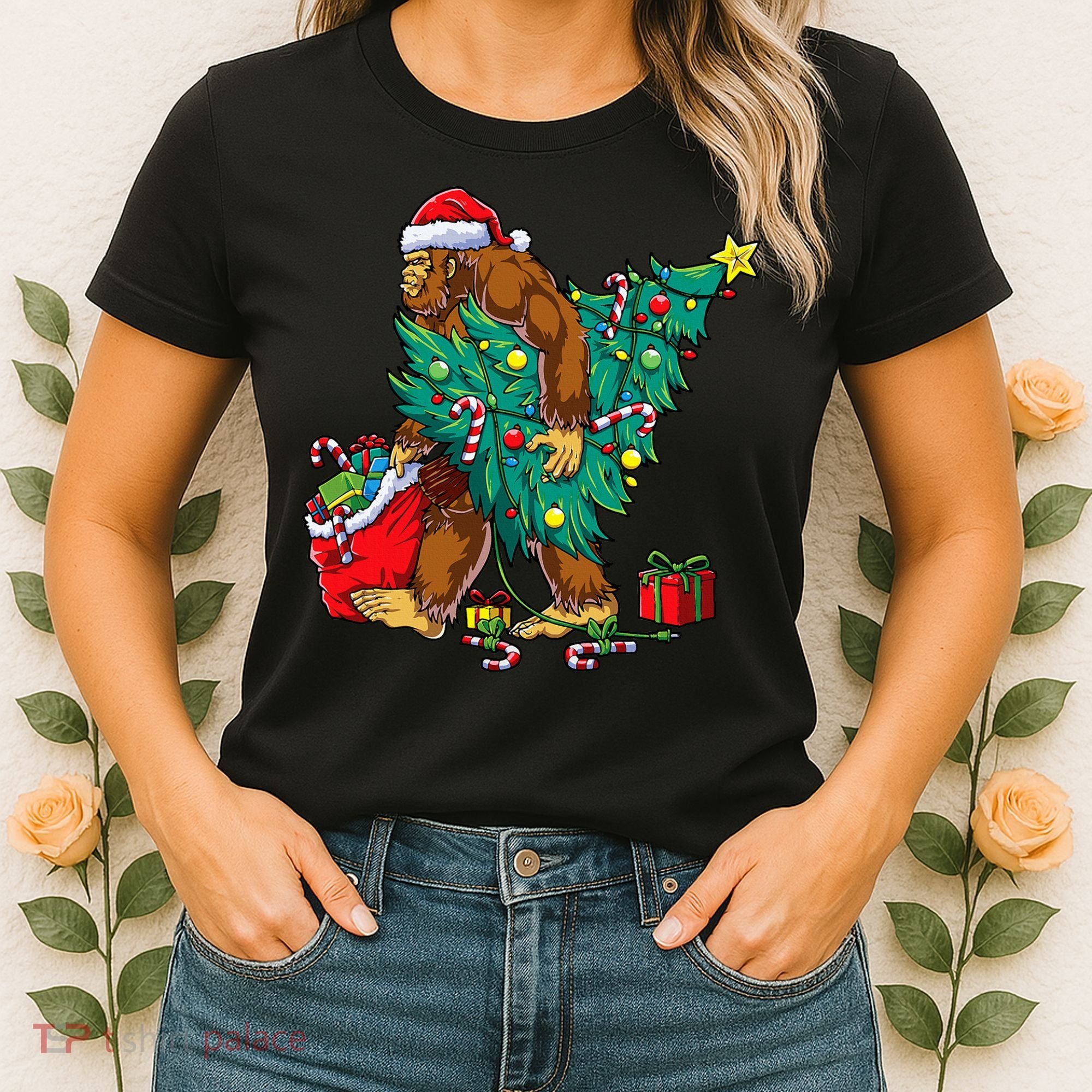 Bigfoot Christmas Tree Lights Xmas Women's T-Shirt