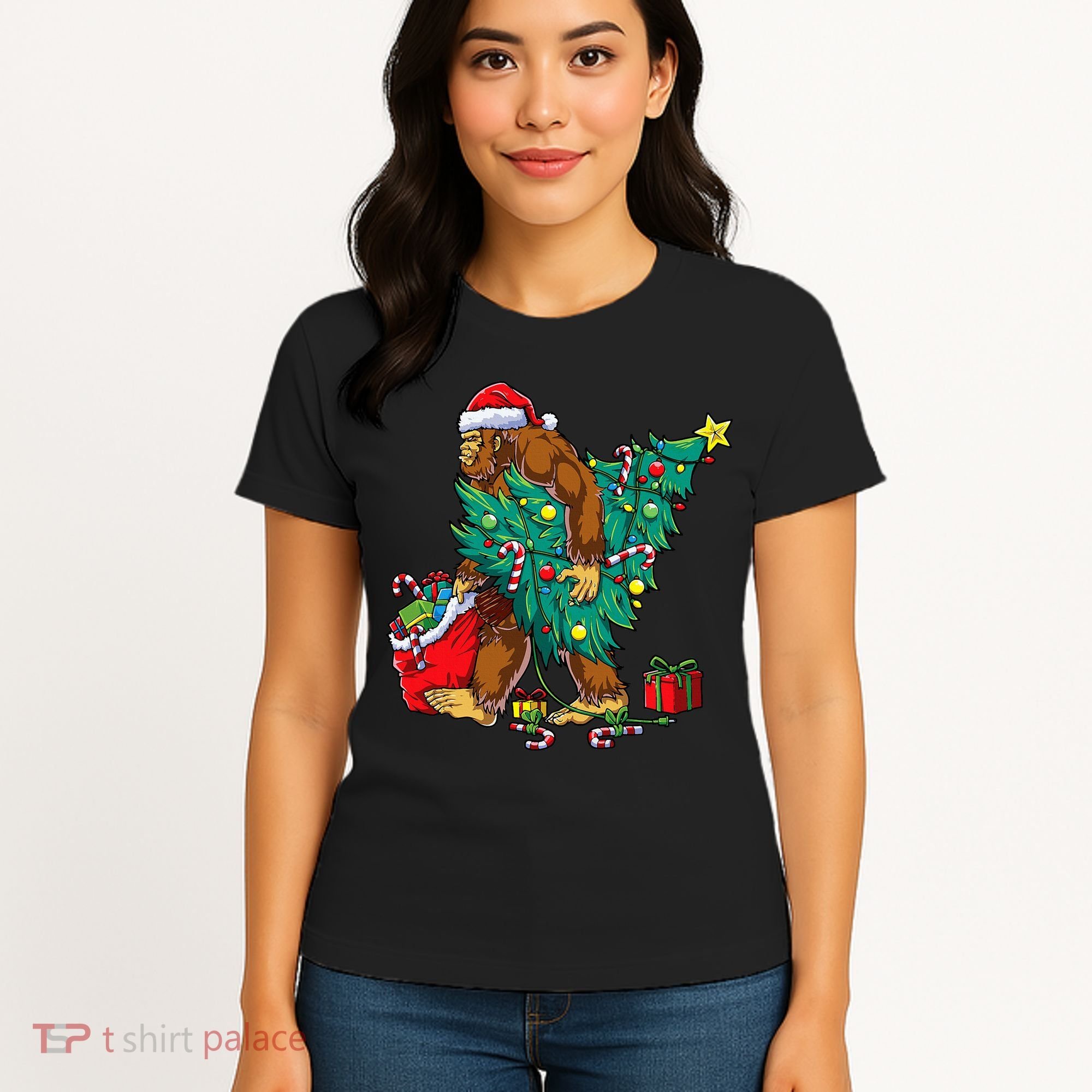 Bigfoot Christmas Tree Lights Xmas Women's T-Shirt