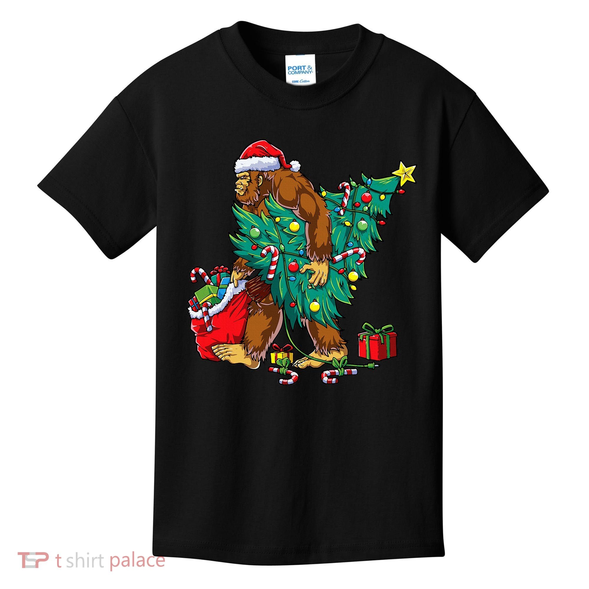 Bigfoot Christmas Tree Lights Xmas Kids T-Shirt