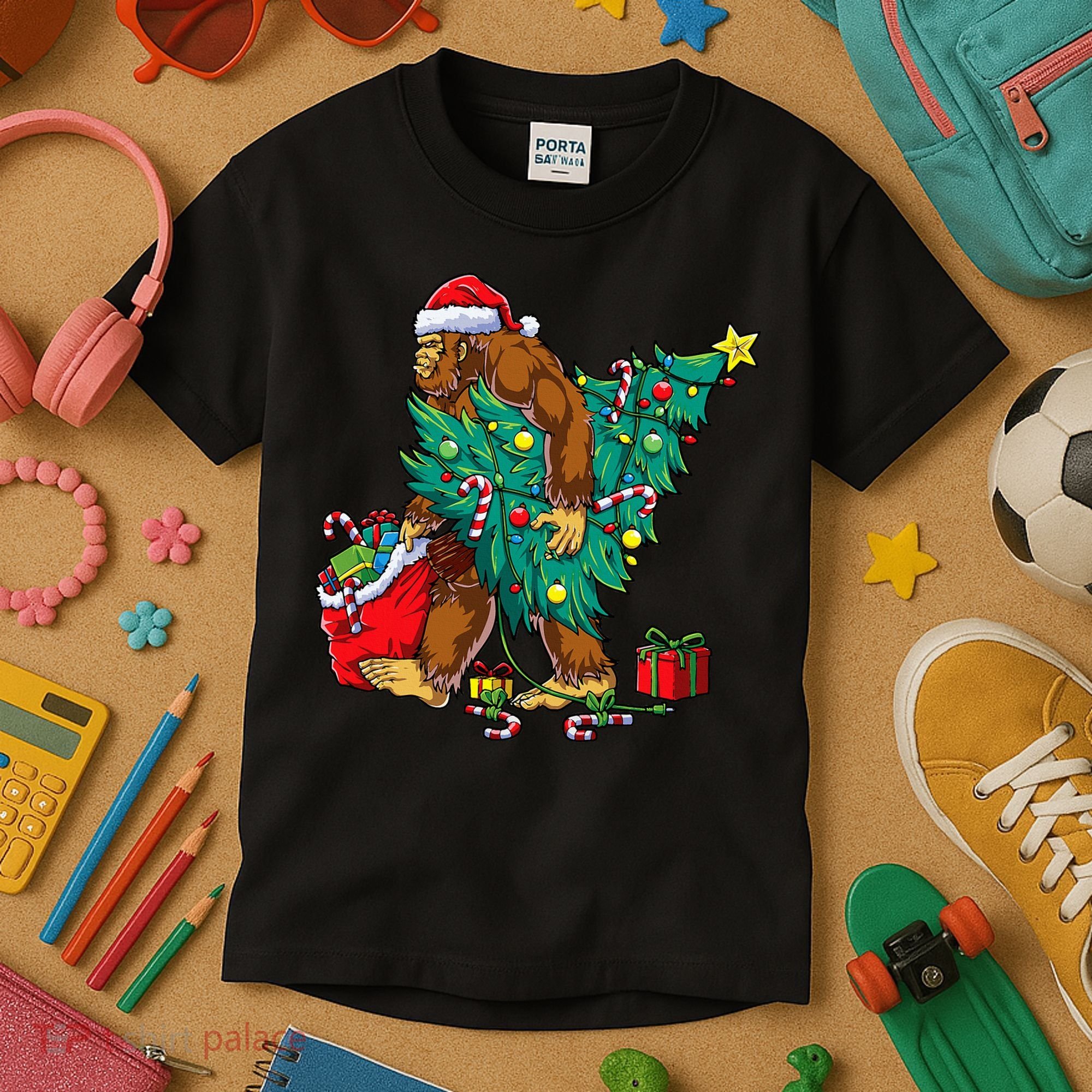 Bigfoot Christmas Tree Lights Xmas Kids T-Shirt
