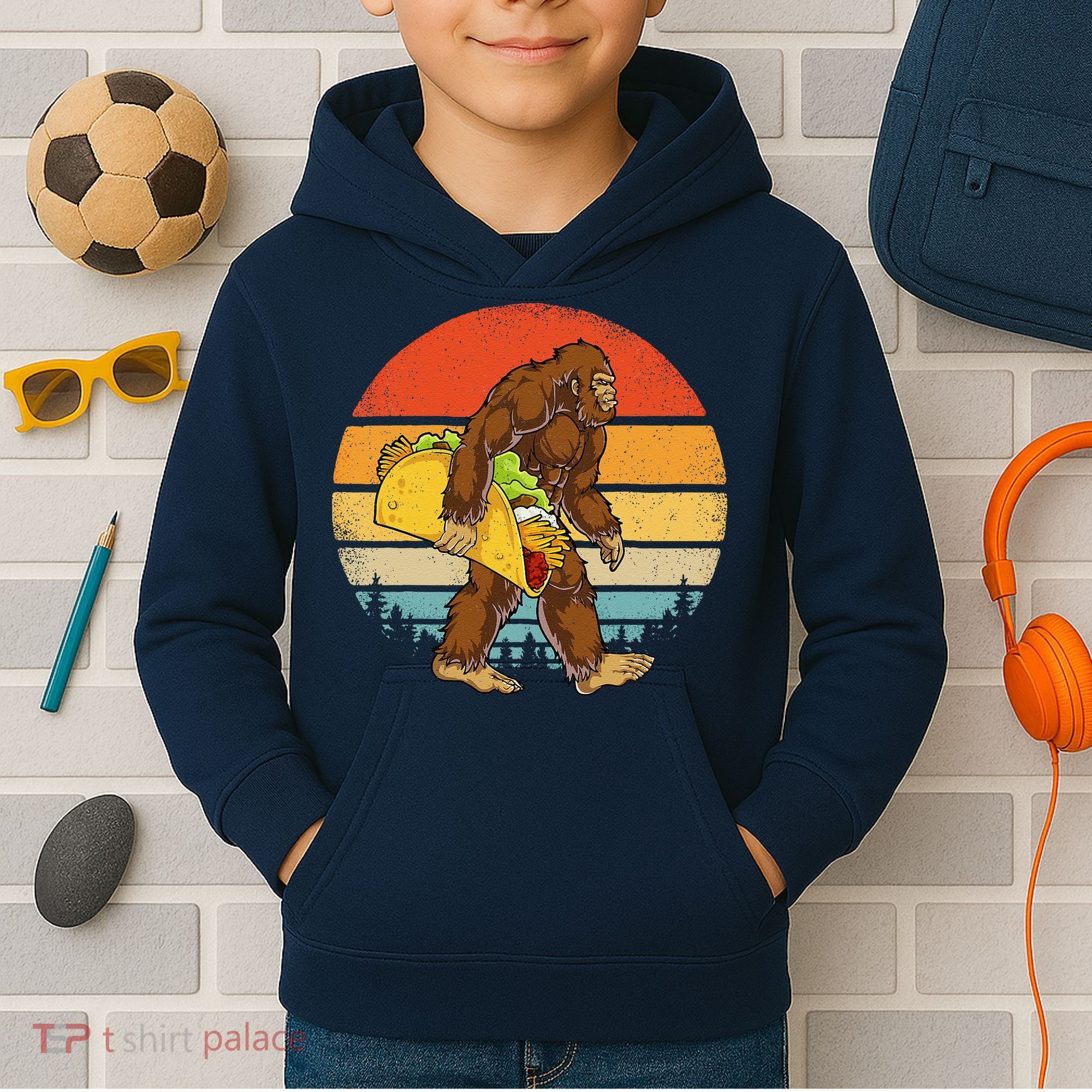 Bigfoot Carrying Taco Funny Cinco De Mayo Sasquatch Kids Hoodie