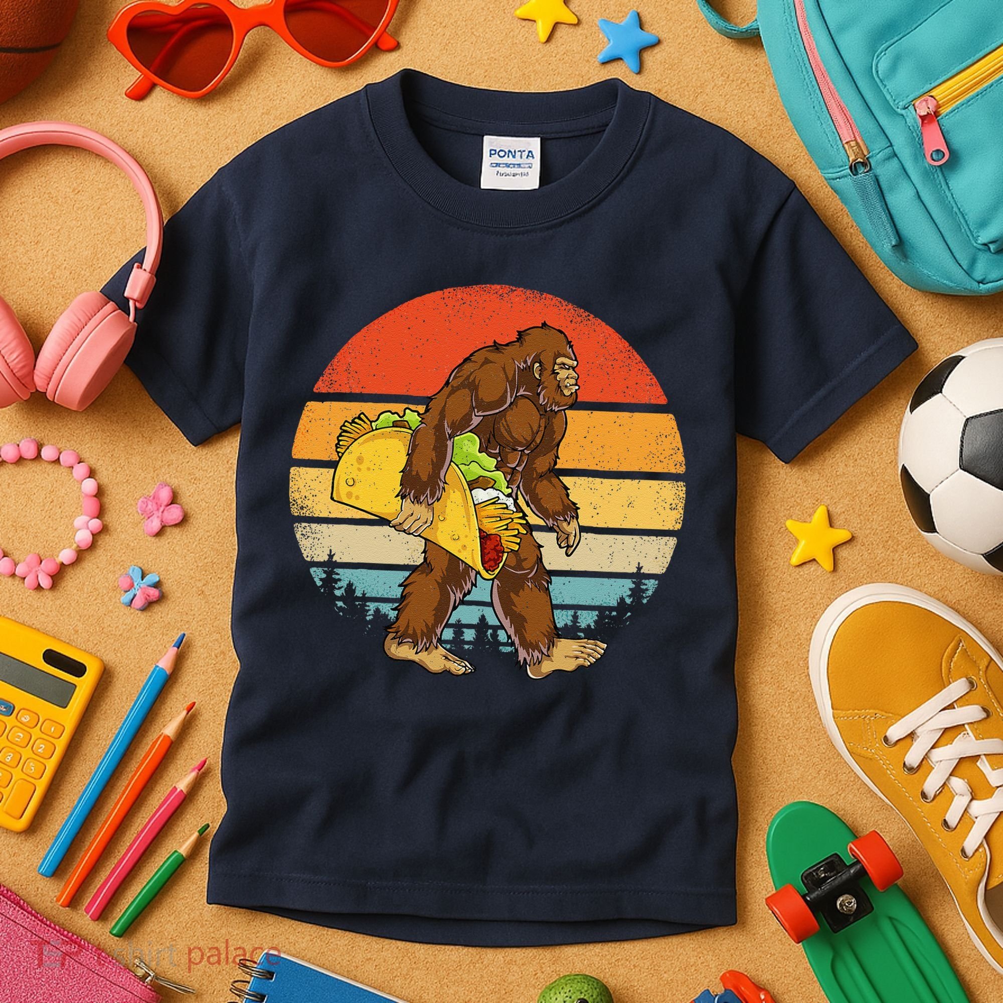 Bigfoot Carrying Taco Funny Cinco De Mayo Sasquatch Kids T-Shirt
