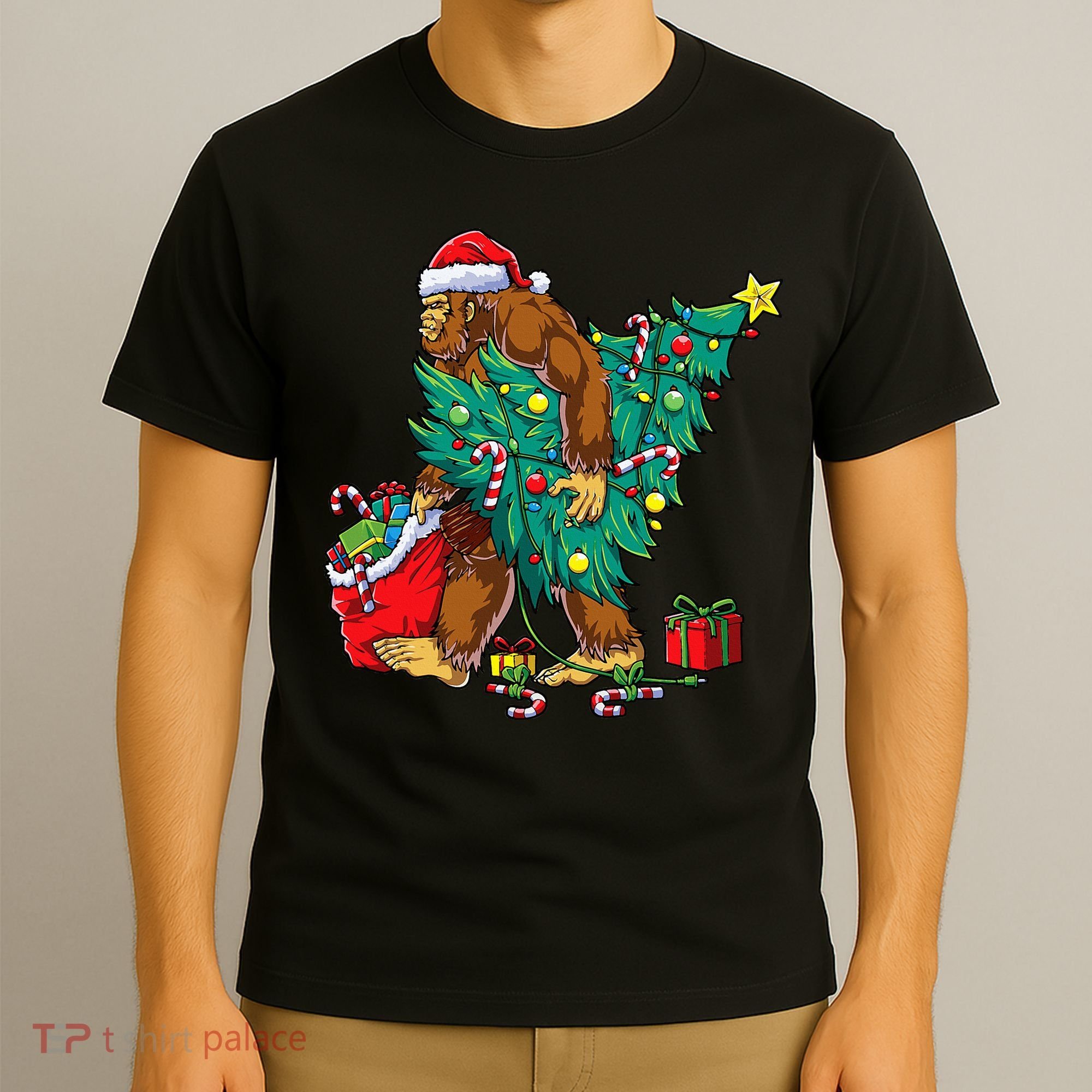 Bigfoot Christmas Tree Lights Xmas Sasquatch Lovers T-Shirt