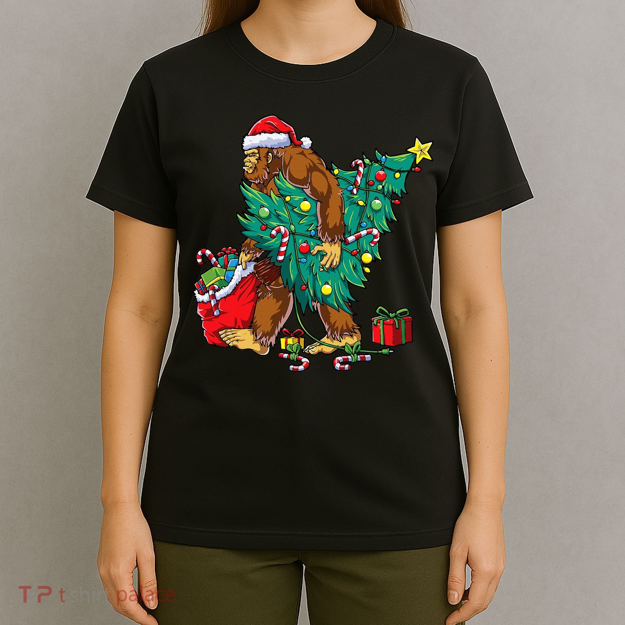 Bigfoot Christmas Tree Lights Xmas Sasquatch Lovers T-Shirt