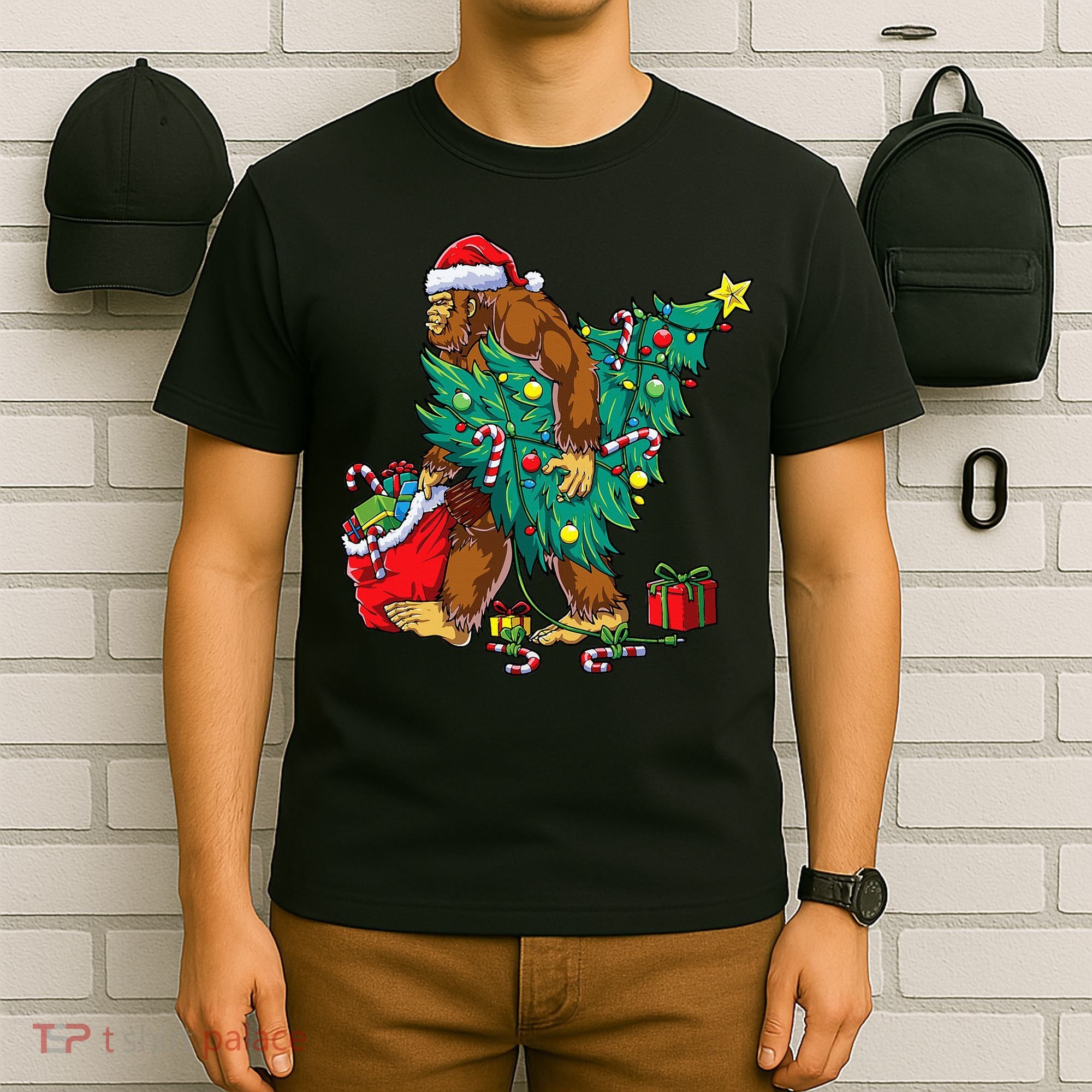 Bigfoot Christmas Tree Lights Xmas Sasquatch Lovers T-Shirt