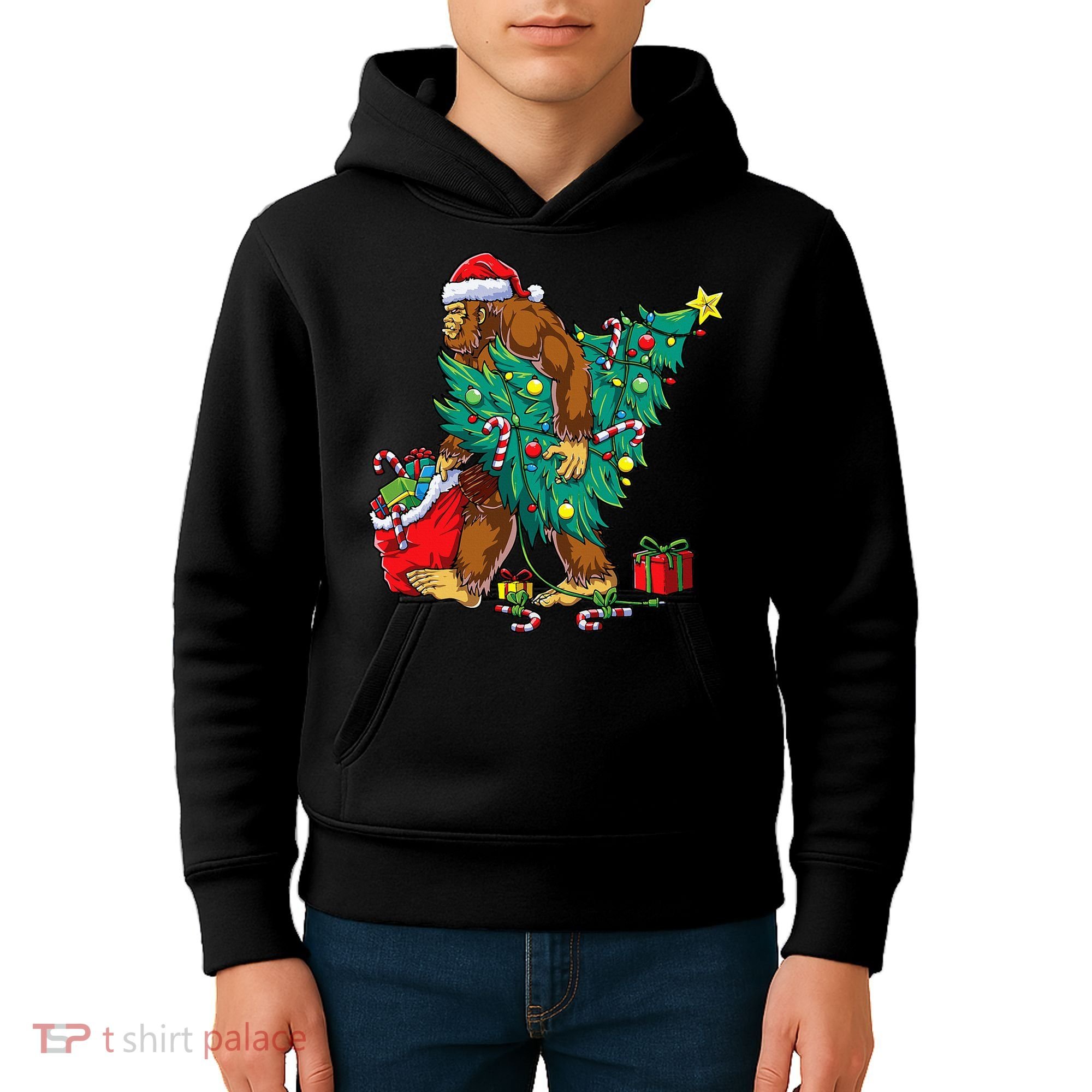 Bigfoot Christmas Tree Lights Xmas Sasquatch Lovers Kids Hoodie