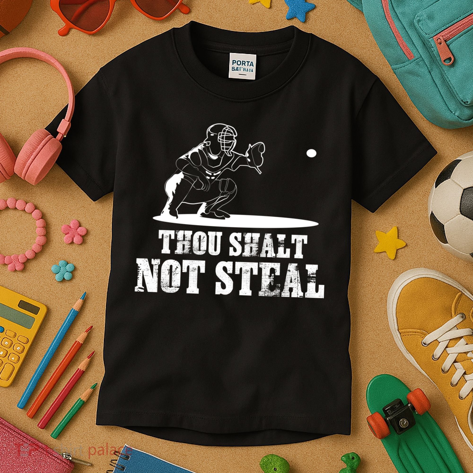 Baseball Catcher Thou Shalt Not Steal - Religious Gift Kids T-Shirt