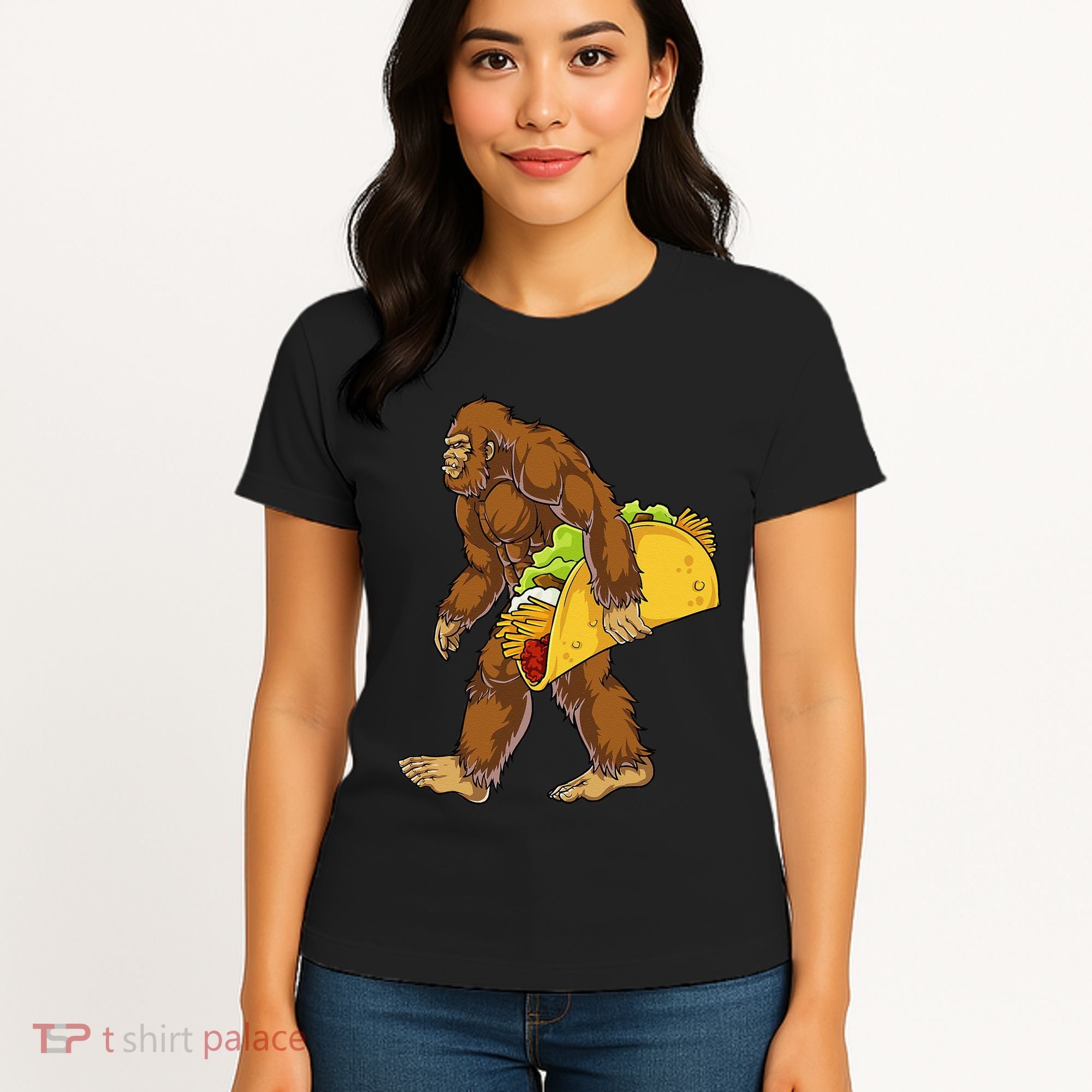 Bigfoot Carrying Taco Funny Cinco De Mayo Sasquatch Funny Women's T-Shirt