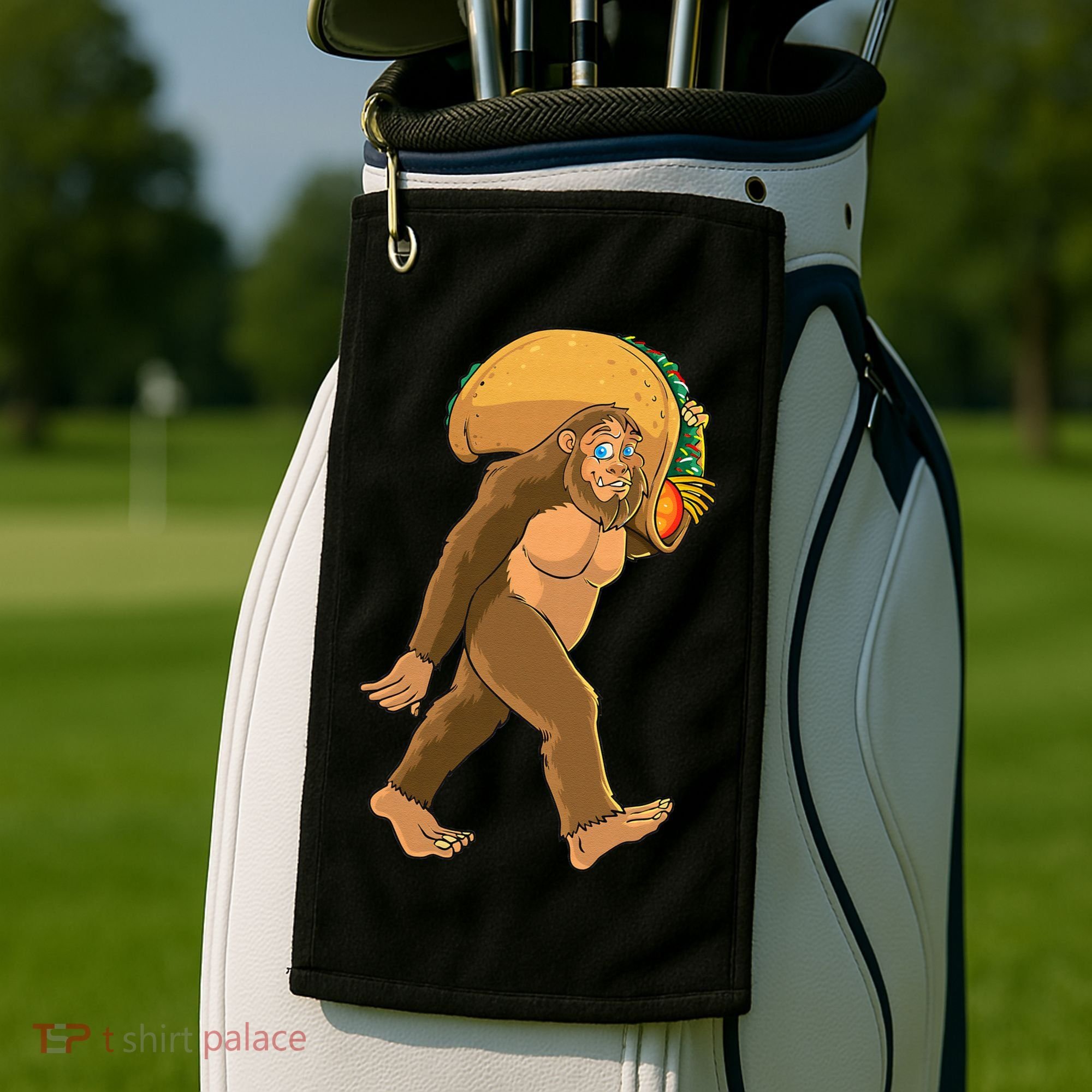Bigfoot Carrying Taco Funny Cinco De Mayo Sasquatch Love Golf Towel