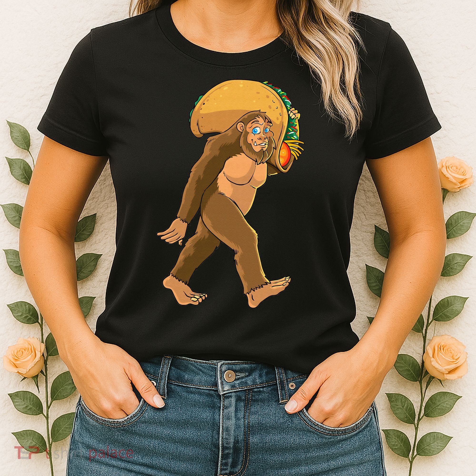 Bigfoot Carrying Taco Funny Cinco De Mayo Sasquatch Love Women's T-Shirt