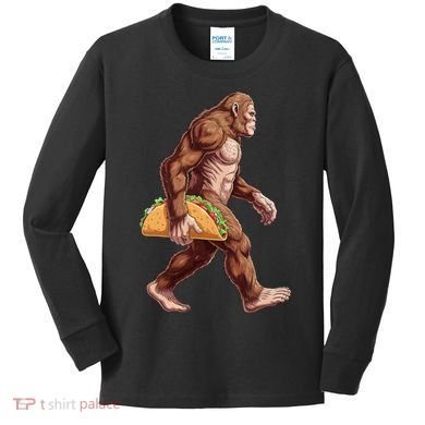 Bigfoot Carrying Taco Funny Cinco De Mayo Sasquatch Kids Long Sleeve Shirt