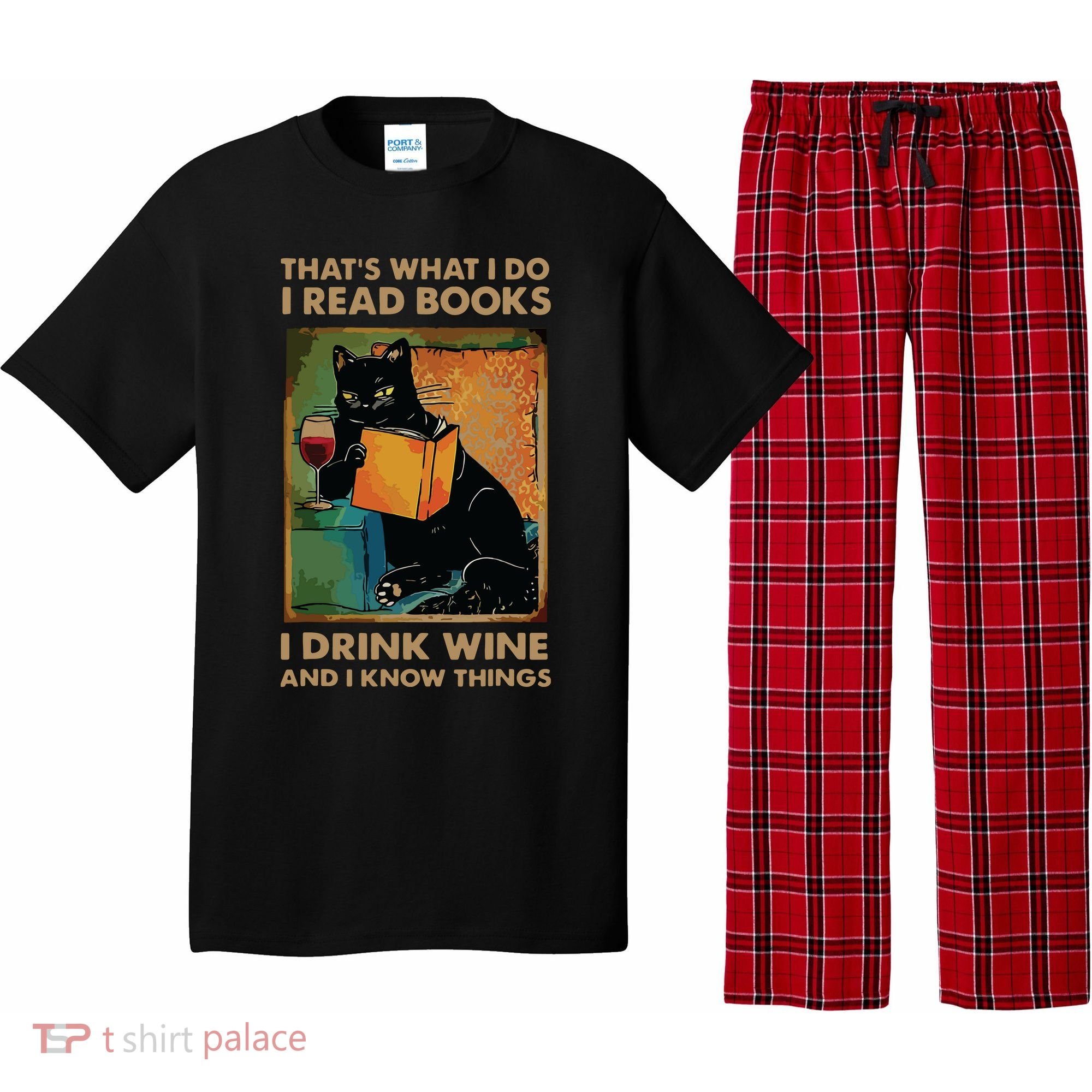 Black Cat Thats What I Do I Read Books I Drink Wine Pajama Set