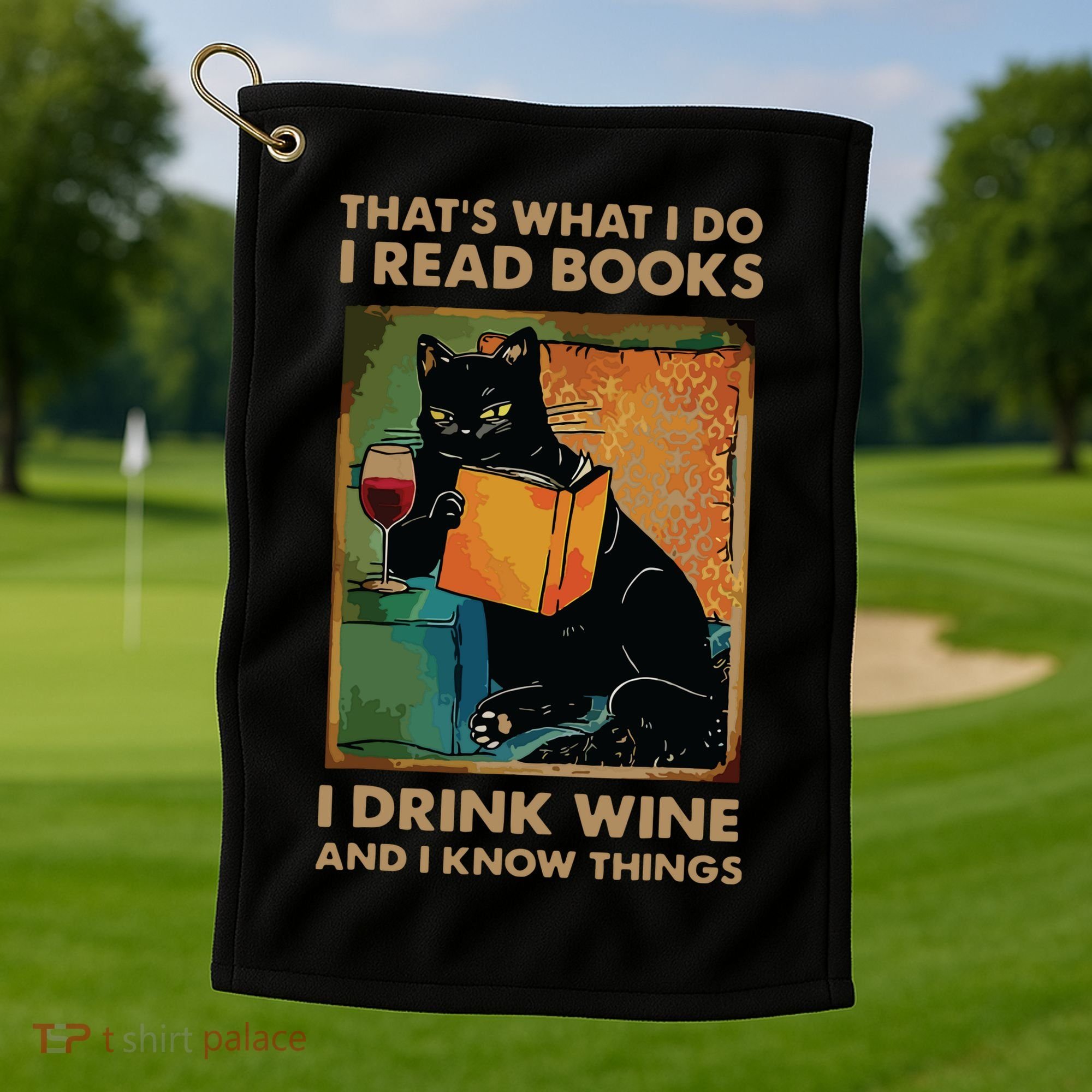 Black Cat Thats What I Do I Read Books I Drink Wine Golf Towel