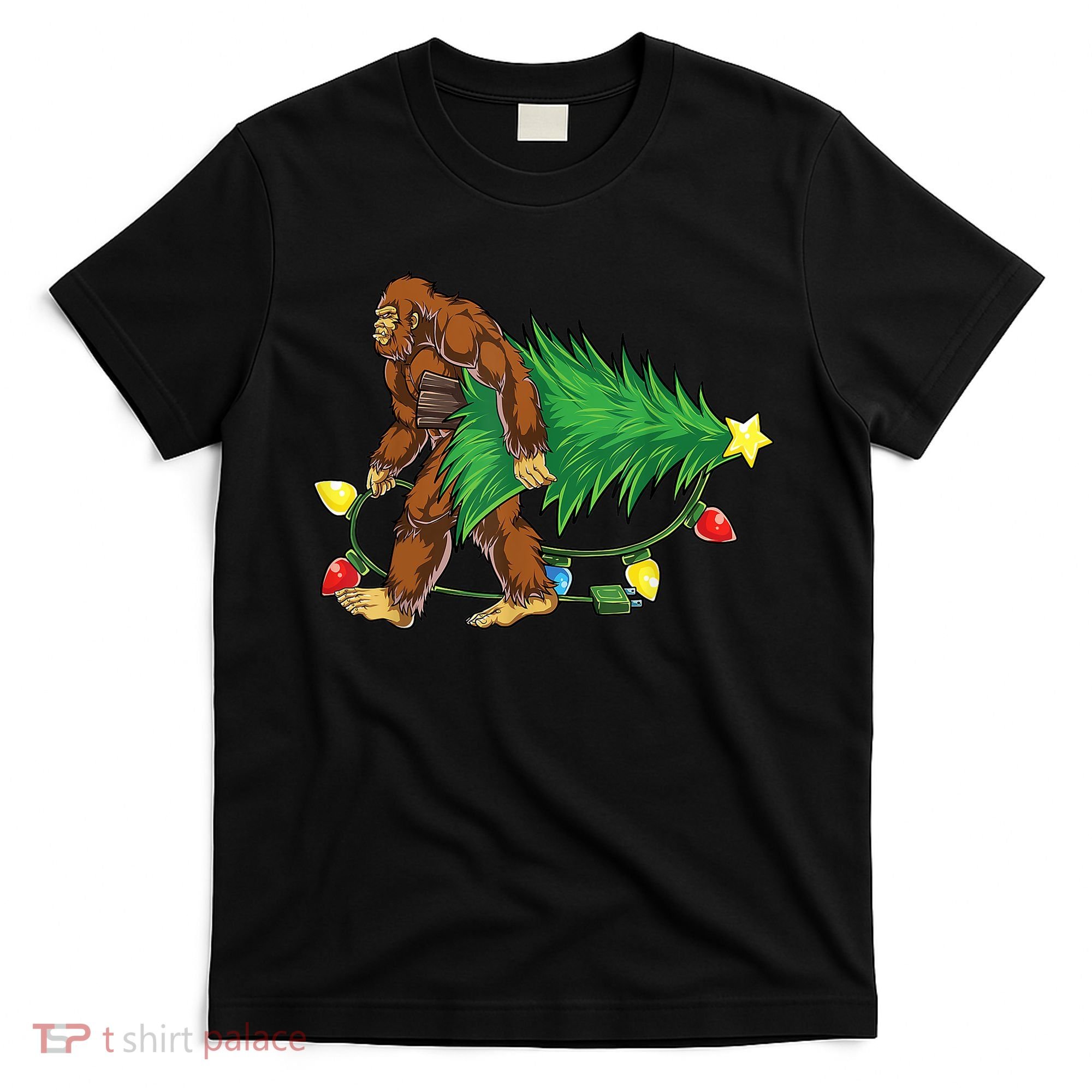 Bigfoot Christmas Tree Lights Xmas Boys Sasquatch Lovers T-Shirt
