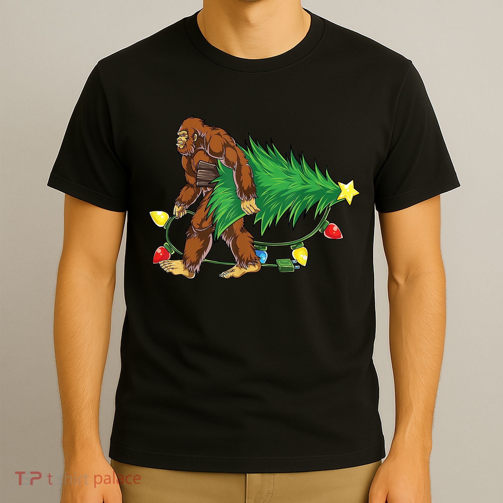 Bigfoot Christmas Tree Lights Xmas Boys Sasquatch Lovers T-Shirt