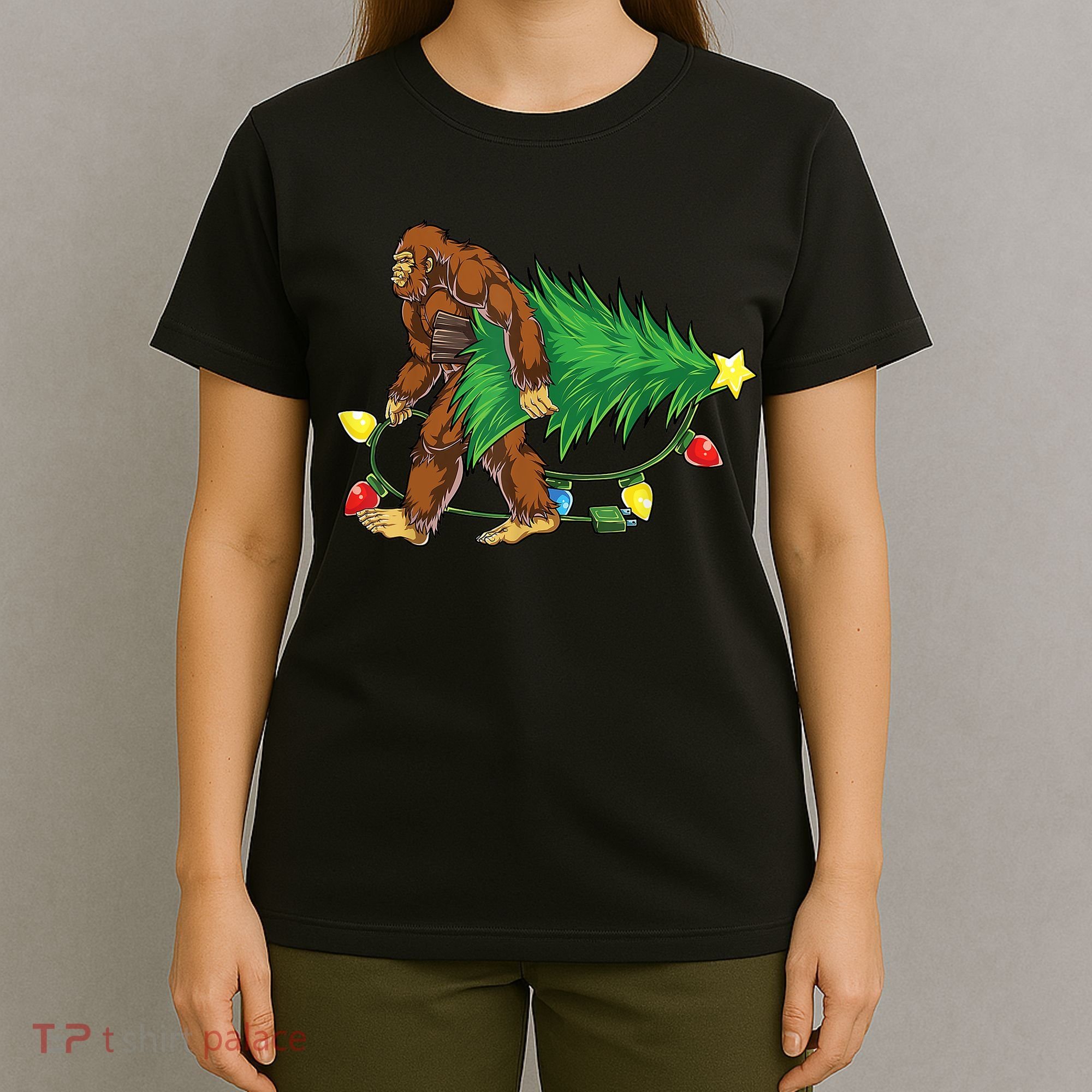 Bigfoot Christmas Tree Lights Xmas Boys Sasquatch Lovers T-Shirt