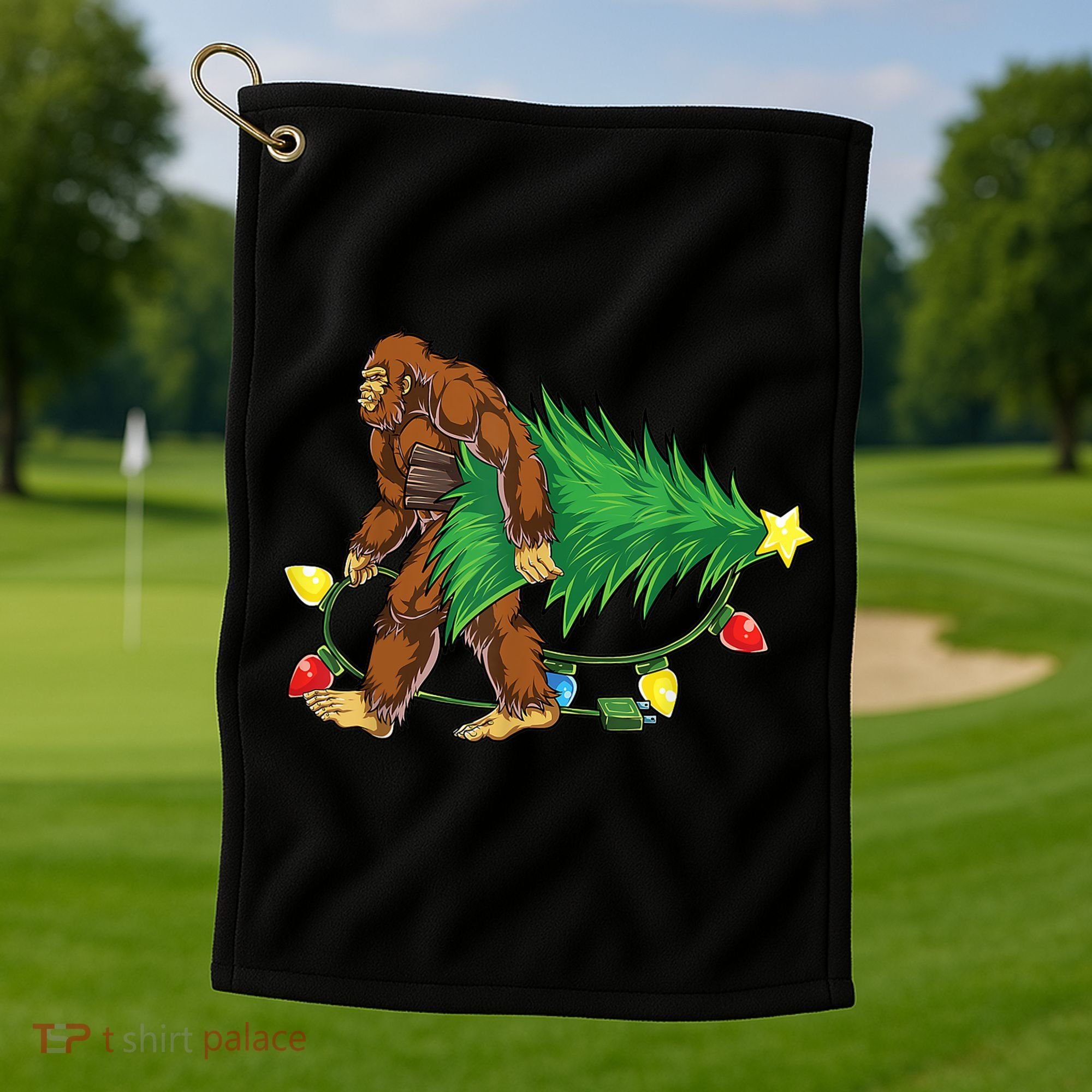 Bigfoot Christmas Tree Lights Xmas Boys Sasquatch Lovers Golf Towel