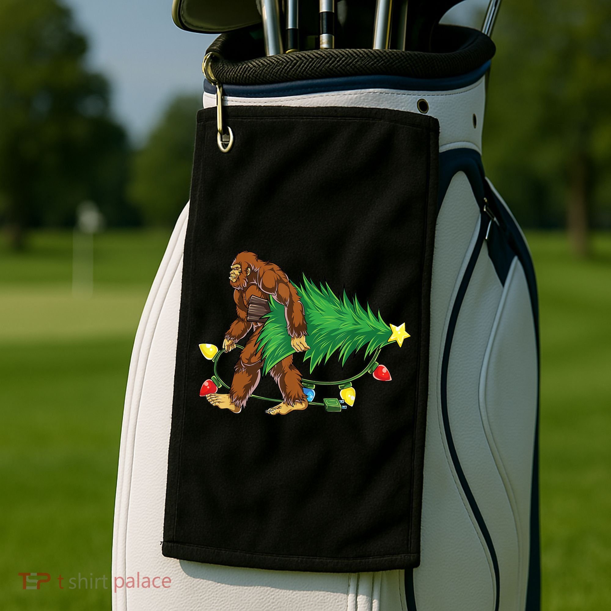 Bigfoot Christmas Tree Lights Xmas Boys Sasquatch Lovers Golf Towel