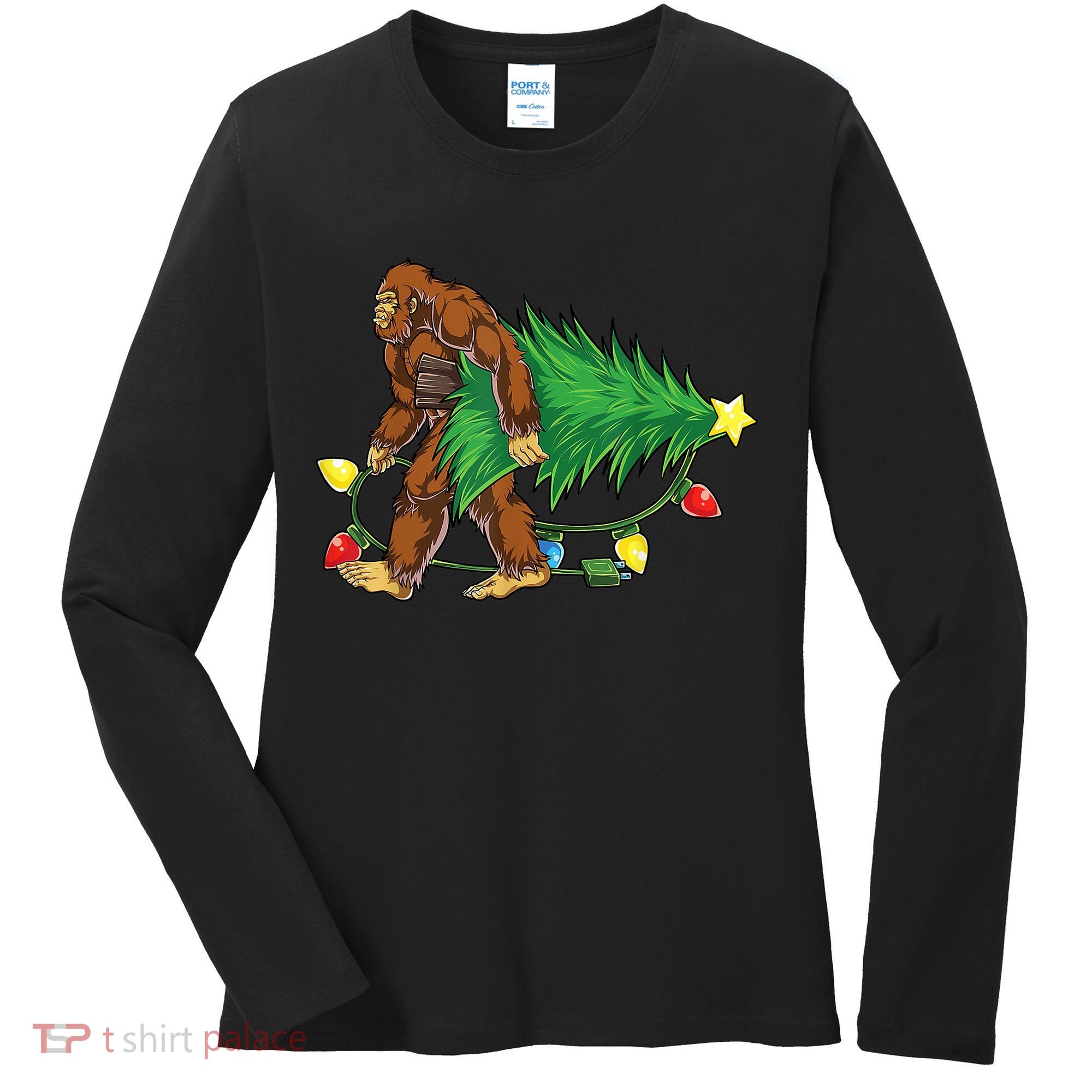 Bigfoot Christmas Tree Lights Xmas Boys Sasquatch Lovers Women's Long Sleeve Shirt