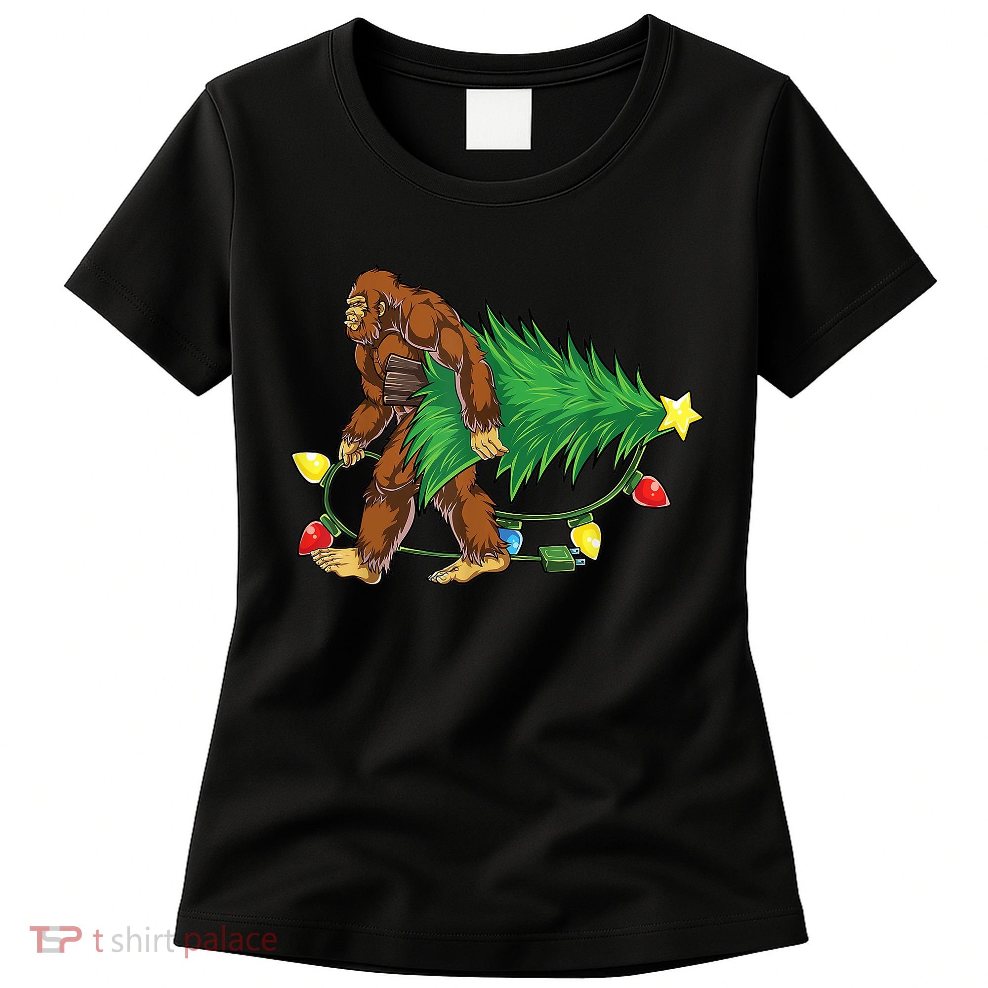 Bigfoot Christmas Tree Lights Xmas Boys Sasquatch Lovers Women's T-Shirt