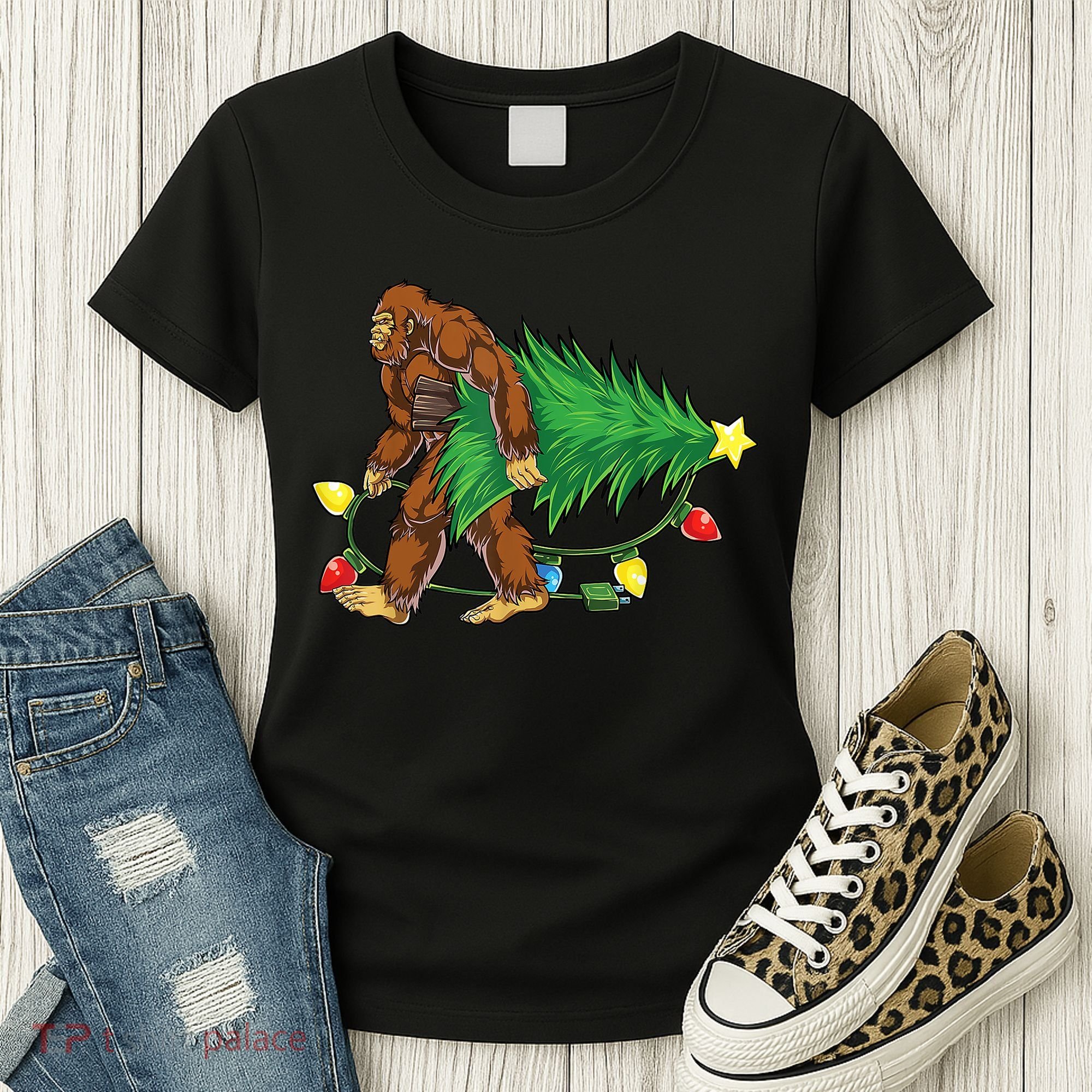 Bigfoot Christmas Tree Lights Xmas Boys Sasquatch Lovers Women's T-Shirt