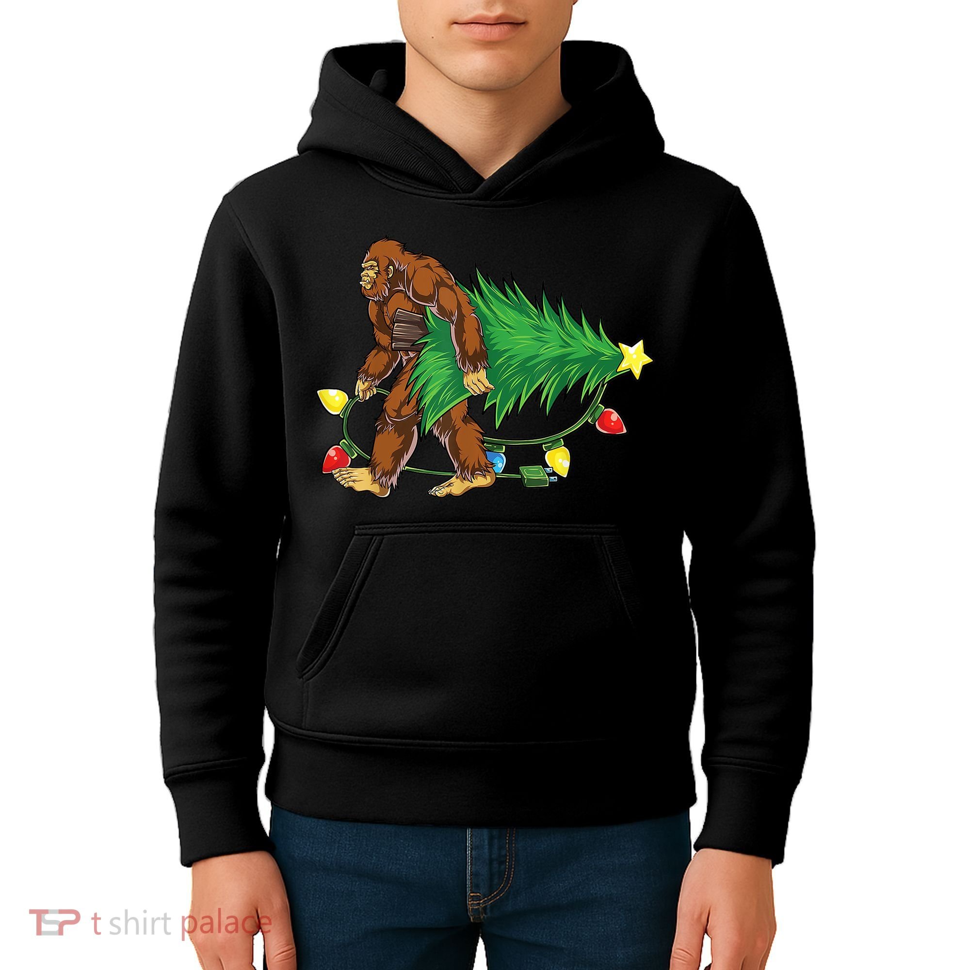Bigfoot Christmas Tree Lights Xmas Boys Sasquatch Lovers Kids Hoodie