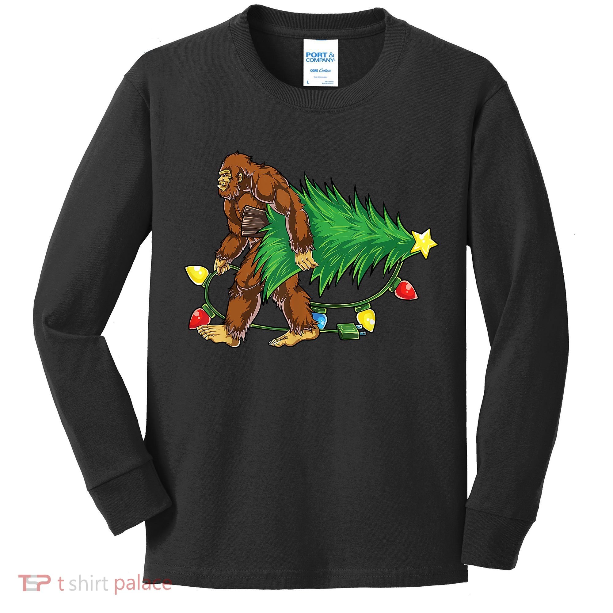 Bigfoot Christmas Tree Lights Xmas Boys Sasquatch Lovers Kids Long Sleeve Shirt