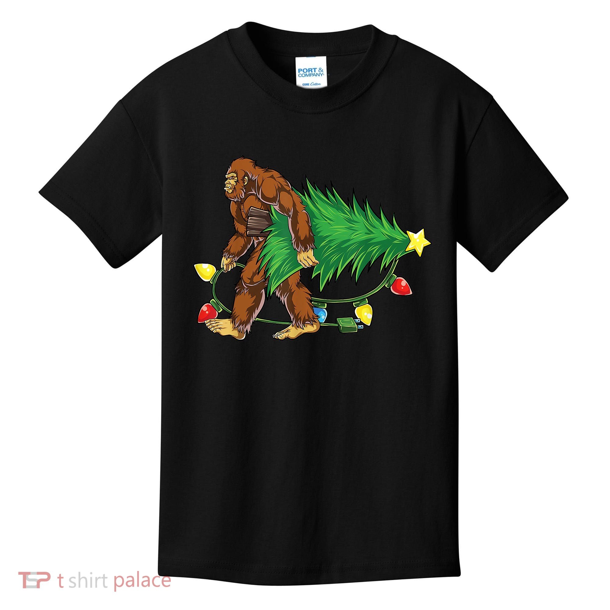 Bigfoot Christmas Tree Lights Xmas Boys Sasquatch Lovers Kids T-Shirt