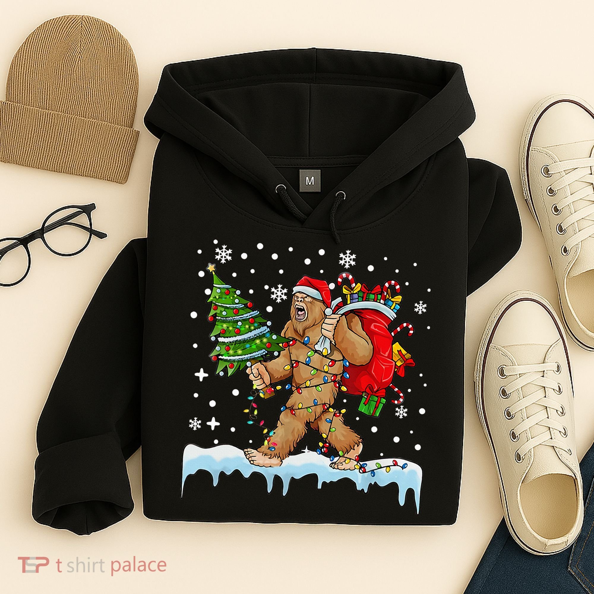 Bigfoot Christmas Tree Lights Xmas Sasquatch Lovers Hoodie