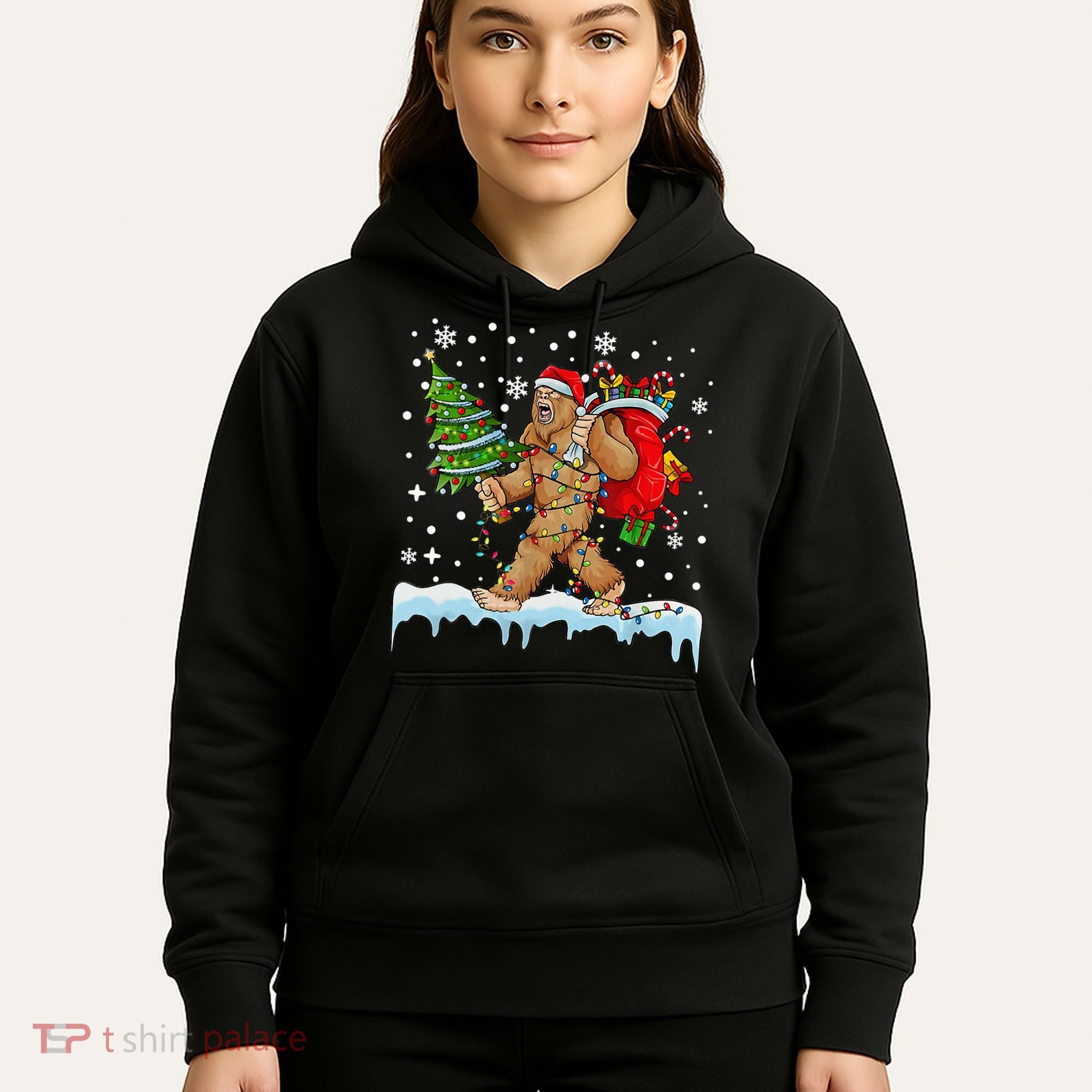 Bigfoot Christmas Tree Lights Xmas Sasquatch Lovers Hoodie