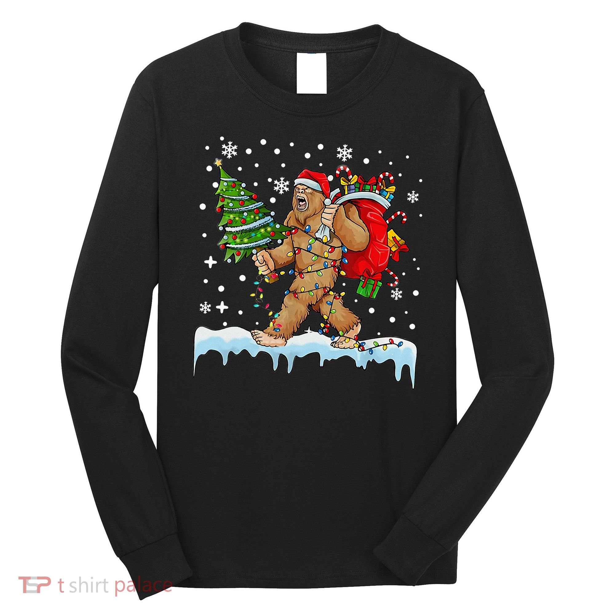 Bigfoot Christmas Tree Lights Xmas Sasquatch Lovers Long Sleeve Shirt