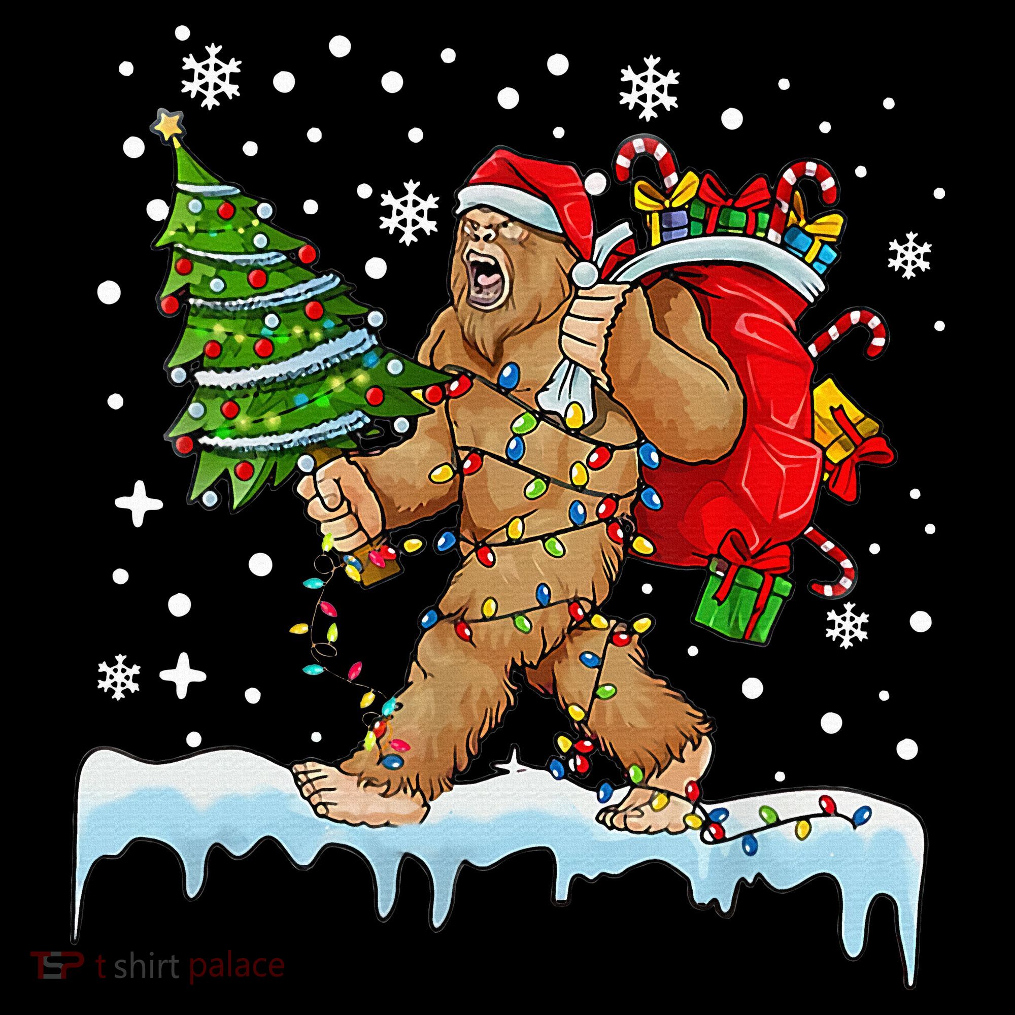Bigfoot Christmas Tree Lights Xmas Sasquatch Lovers Long Sleeve Shirt