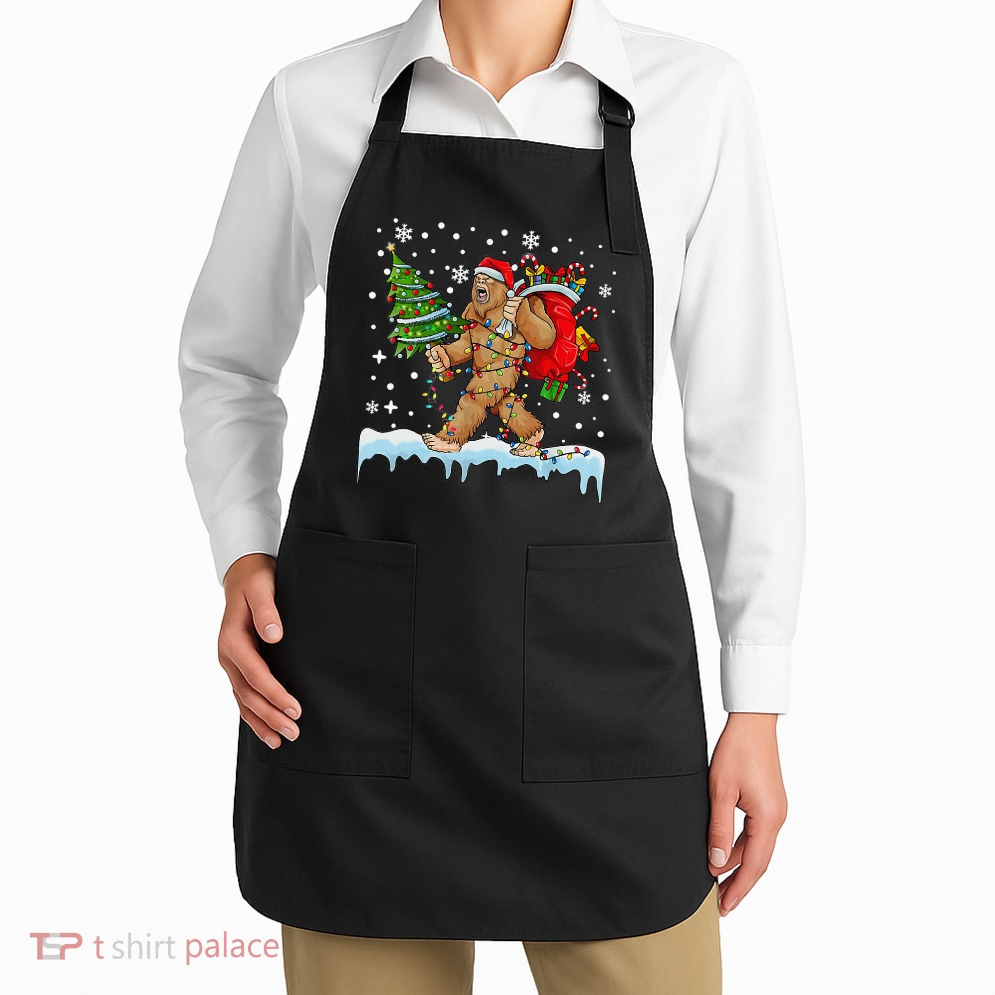 Bigfoot Christmas Tree Lights Xmas Sasquatch Lovers Apron