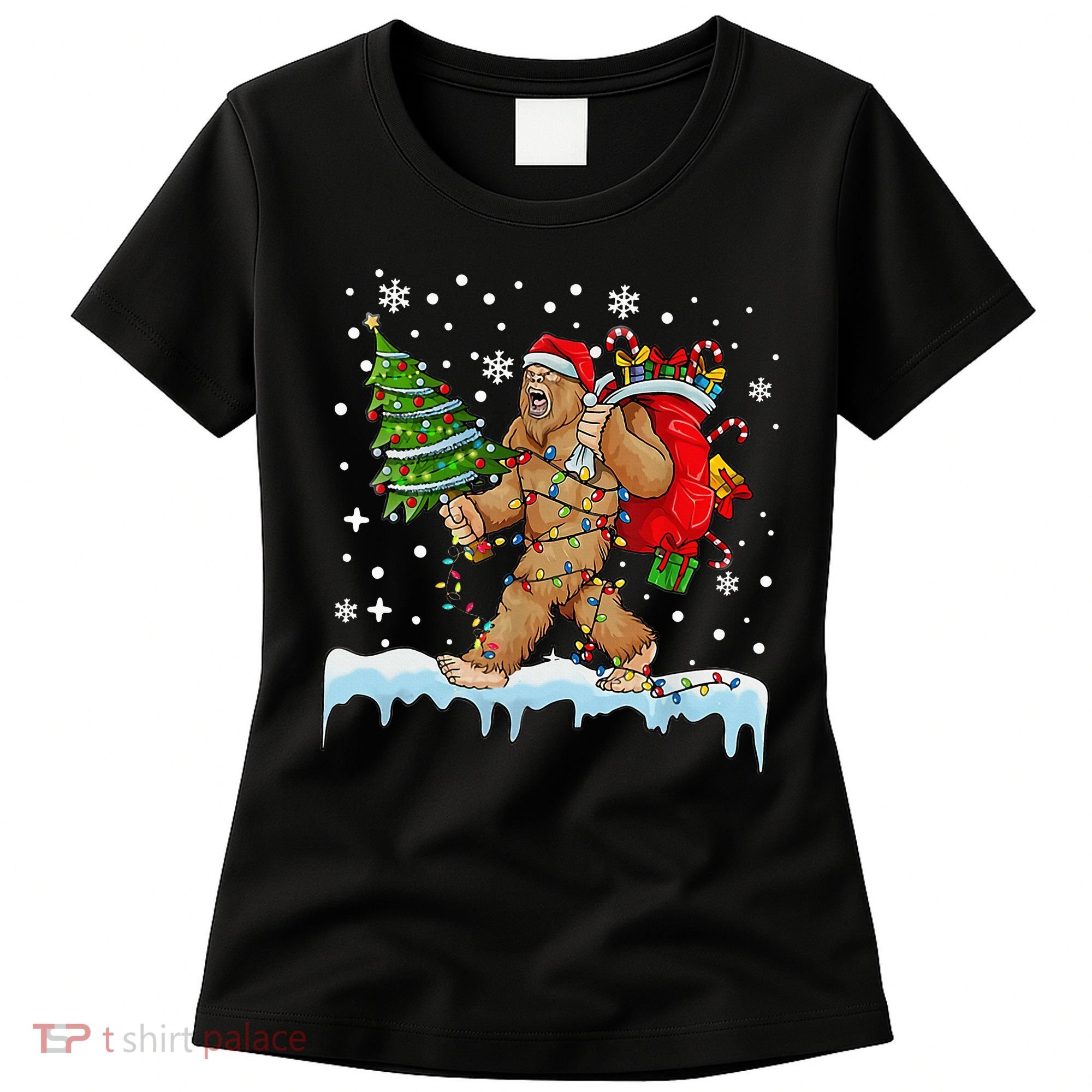 Bigfoot Christmas Tree Lights Xmas Sasquatch Lovers Women's T-Shirt