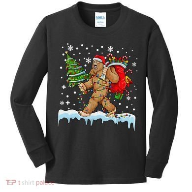 Bigfoot Christmas Tree Lights Xmas Sasquatch Lovers Kids Long Sleeve Shirt