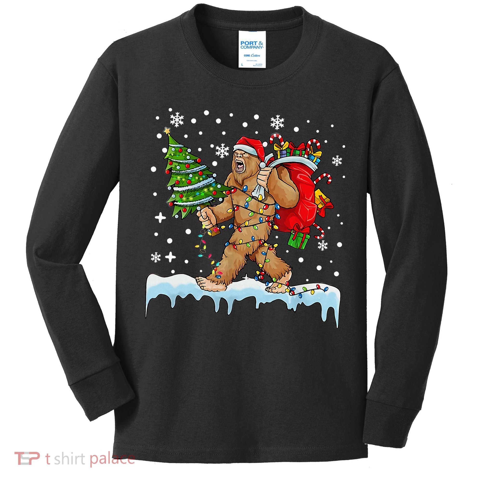 Bigfoot Christmas Tree Lights Xmas Sasquatch Lovers Kids Long Sleeve Shirt